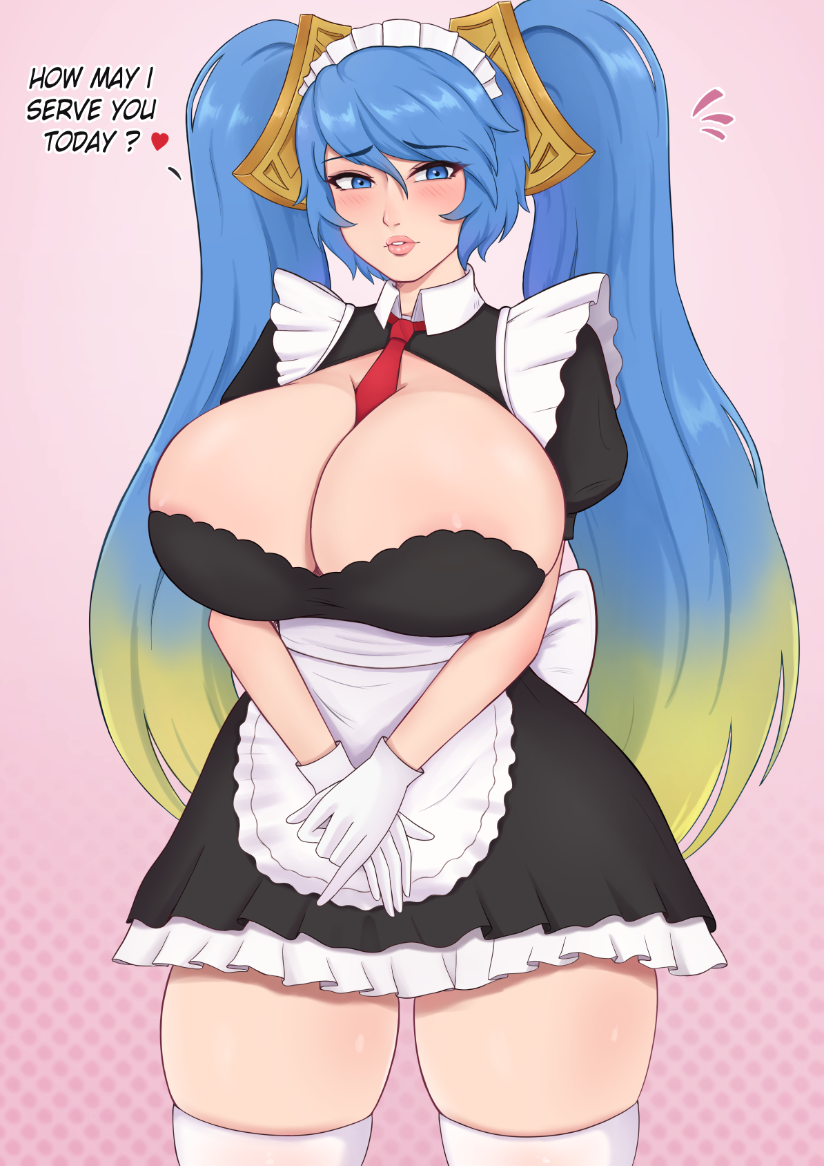 1girls, alternate breast size, blue hair, breasts, cleavage, dialogue, english text, female, french maid, french maid sona, hips, huge breasts, large breasts, league of legends, light skin, light-skinned female, long hair, maid, maid outfit, riot games, sleeptopi, solo, sona buvelle, thick thighs, thighs, twintails, wide hips