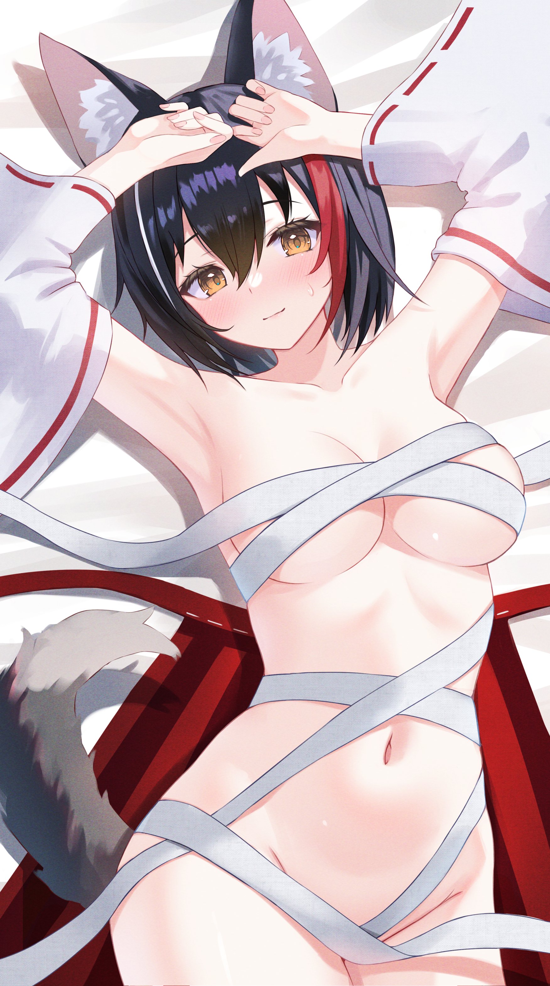 alternate hairstyle, armpits, arms up, ass, bandage, detached sleeves, female, hakama, hololive, hololive gamers, hololive japan, large ass, ookami mio, short hair, virtual youtuber, wrapped, wrappings