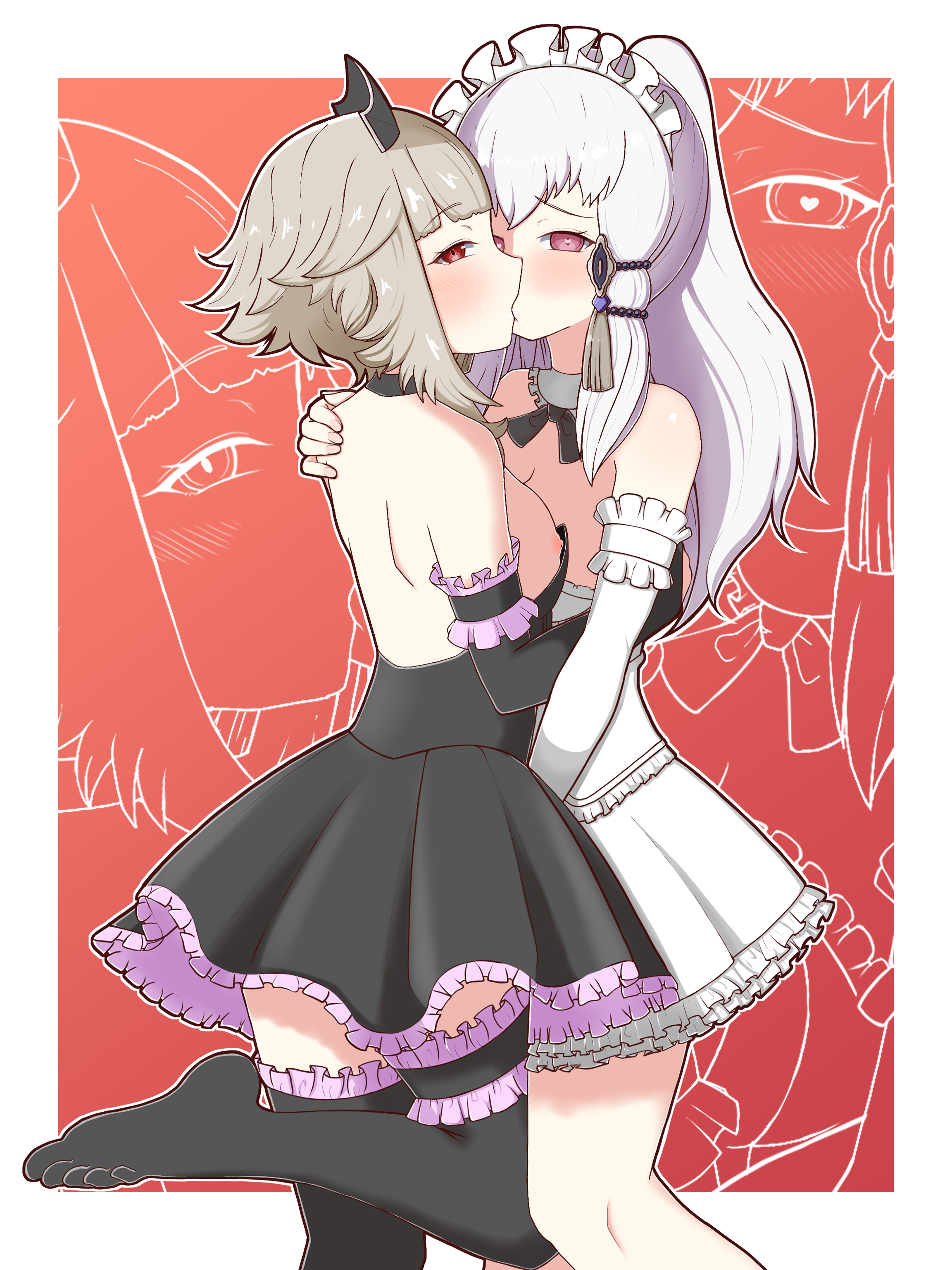 2girls, alternate costume, alternate hairstyle, amagumo1023, back, backless outfit, bangs, bare back, bare shoulders, bare thighs, breasts, breasts out, choker, cleavage, female, female only, fire emblem, fire emblem heroes, fire emblem: three houses, grey hair, heart, heart in eye, heart-shaped pupils, kissing, leg up, long hair, looking at viewer, looking back, lysithea von ordelia, maid, maid headdress, multiple females, multiple girls, nintendo, nipples, official alternate hairstyle, pink eyes, ponytail, red eyes, shoulders, small breasts, standing, thighhighs, thighs, veronica (fire emblem), white hair, yuri