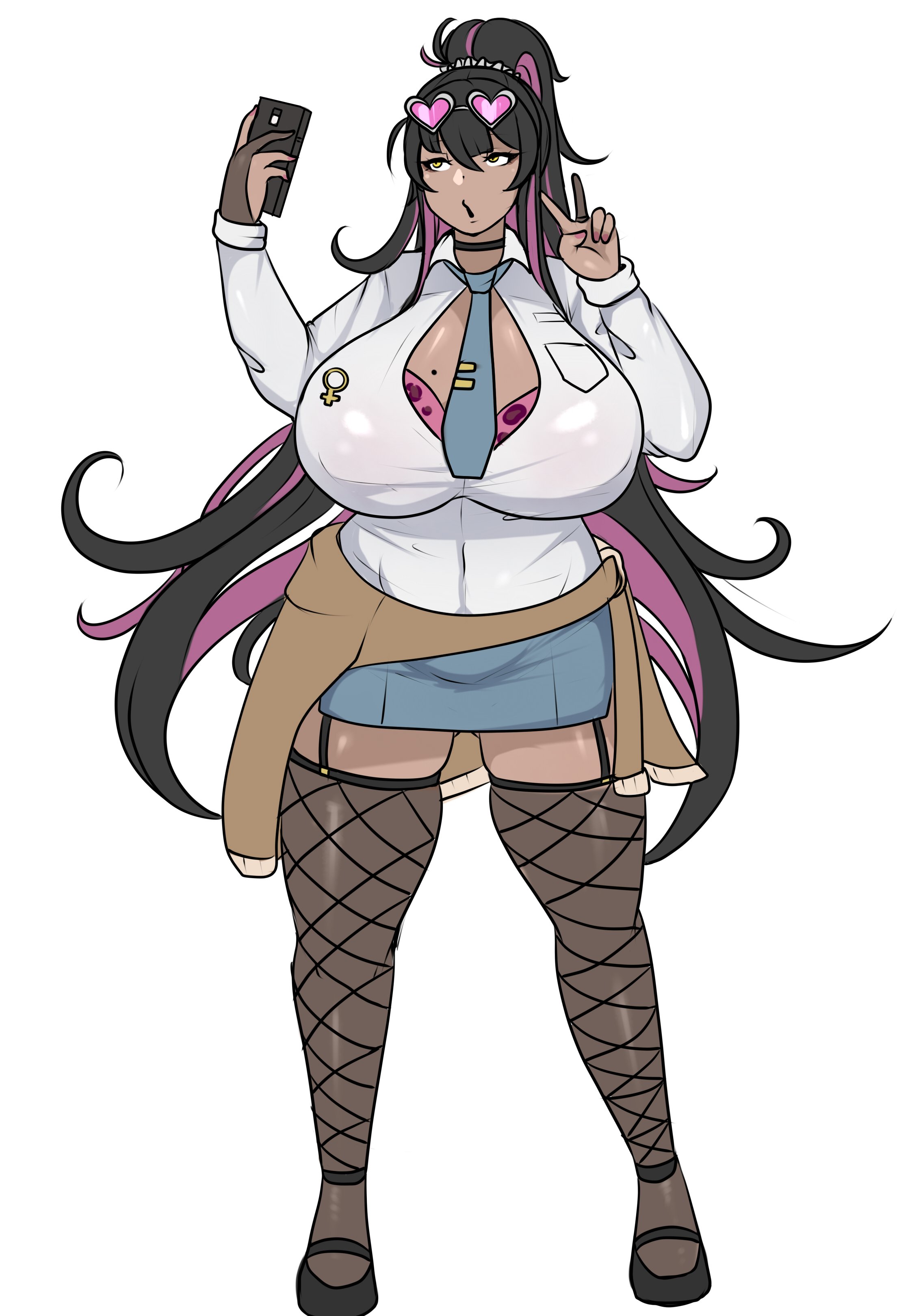 1girls, big breasts, breasts, busty, choker, curvaceous, curvy, curvy body, curvy female, curvy figure, female, female only, gyaru, huge breasts, large breasts, mole, mole on breast, necktie, original, original character, peace sign, ponytail, smartphone, sunglasses, sunglasses on head, tapeworm (artist), voluptuous, white background, white shirt