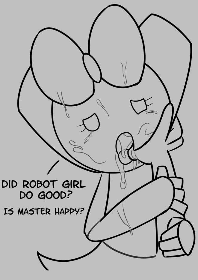 1girls artist_request bow cum_in_mouth cum_on_face drooling finger_in_mouth half-closed_eyes holding_arm looking_at_viewer looking_pleasured metallic_body open_mouth robot_girl robotboy robotgirl_(robotboy) skirt submissive_female text