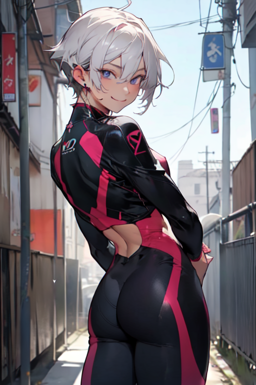 ai_generated arched_back ass back_alley black_clothing blue_eyes boobs_and_butt_pose female female_only jumpsuit looking_at_viewer looking_back mischievous mischievous_smile original original_character outdoors pixai red_clothing short_hair side_alley sign smile solo solo_female tight_clothing tomboy white_hair young