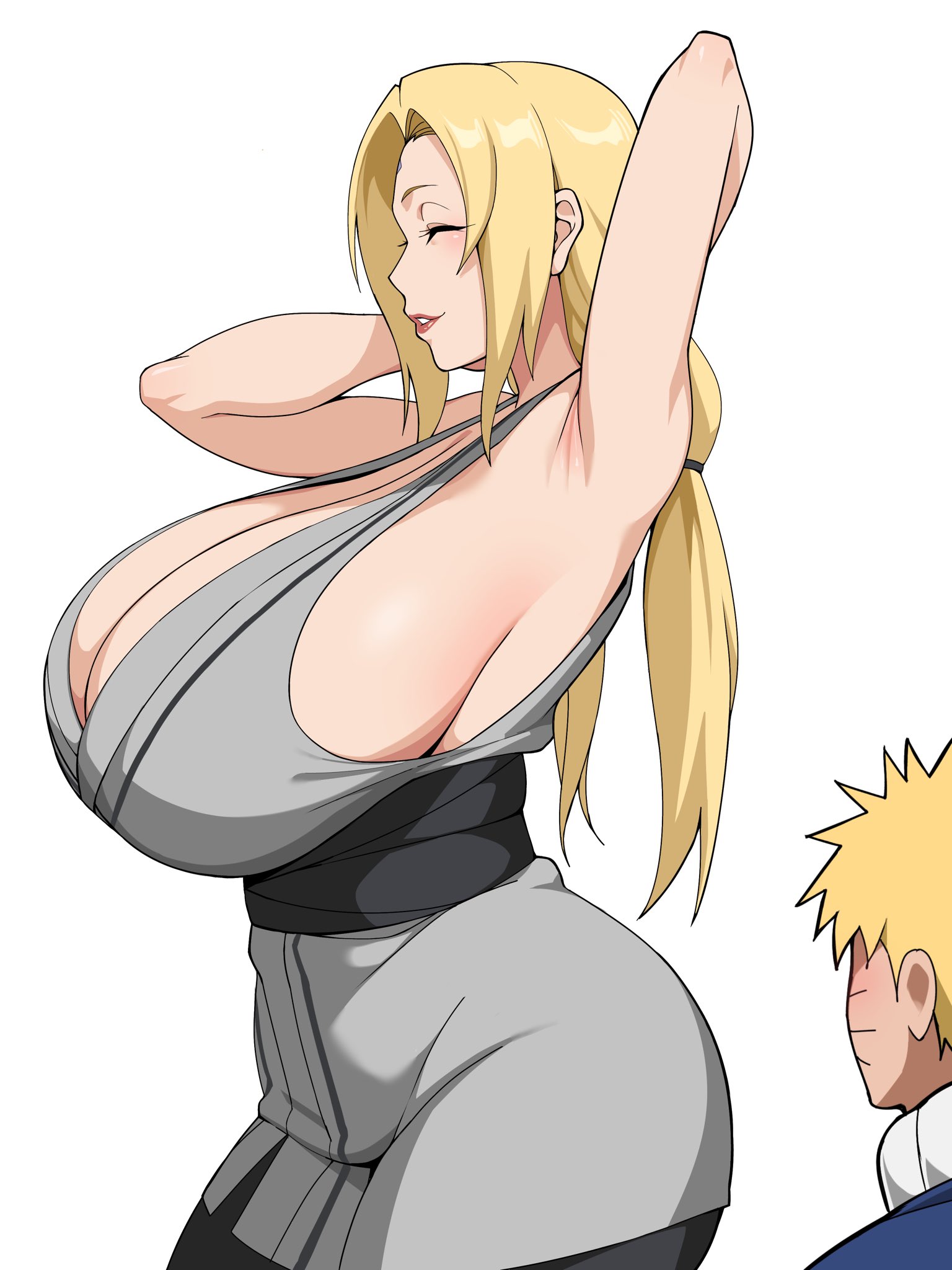 airi akura, armpits, arms up, big boobs, big breasts, blonde, blonde female, blonde hair, breasts, breasts bigger than head, closed eyes, eye closed, faceless male, gilf, hand on head, large breasts, lipstick, milf, naruto, naruto (classic), naruto (series), naruto shippuden, older female, older female and younger male, sleeveless shirt, smile, stretching, suggestive gesture, suggestive pose, tsunade, tsunade senju, uzumaki naruto, watching, younger male