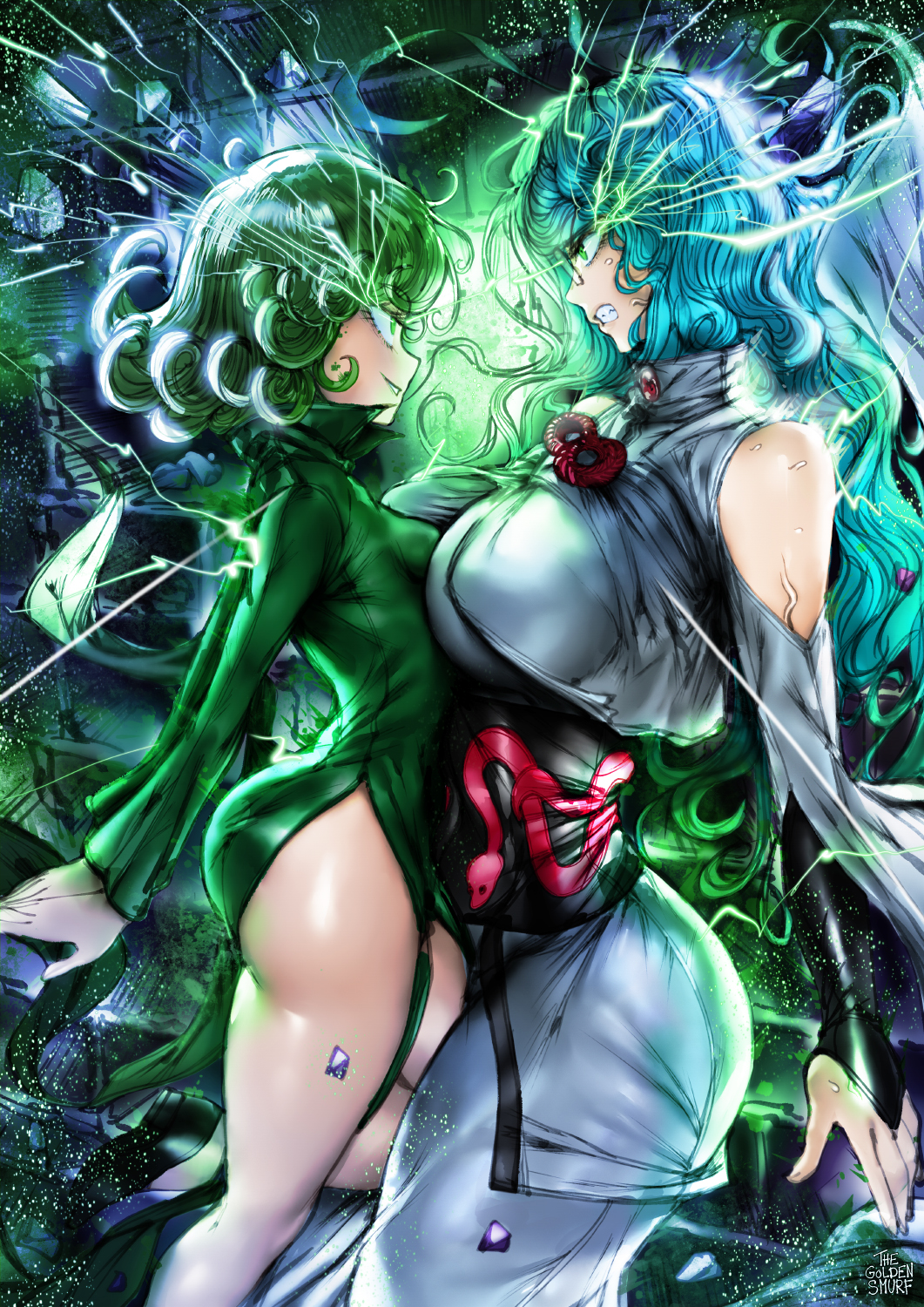 2girls ass big_breasts blue_hair breast_press breast_to_breast clothed clothing female female_focus female_only fighting green_eyes green_hair large_breasts legs long_hair one-punch_man psychic psykos short_hair shortstack small_breasts smile solo_female superheroine tatsumaki thegoldensmurf thick_thighs villainess