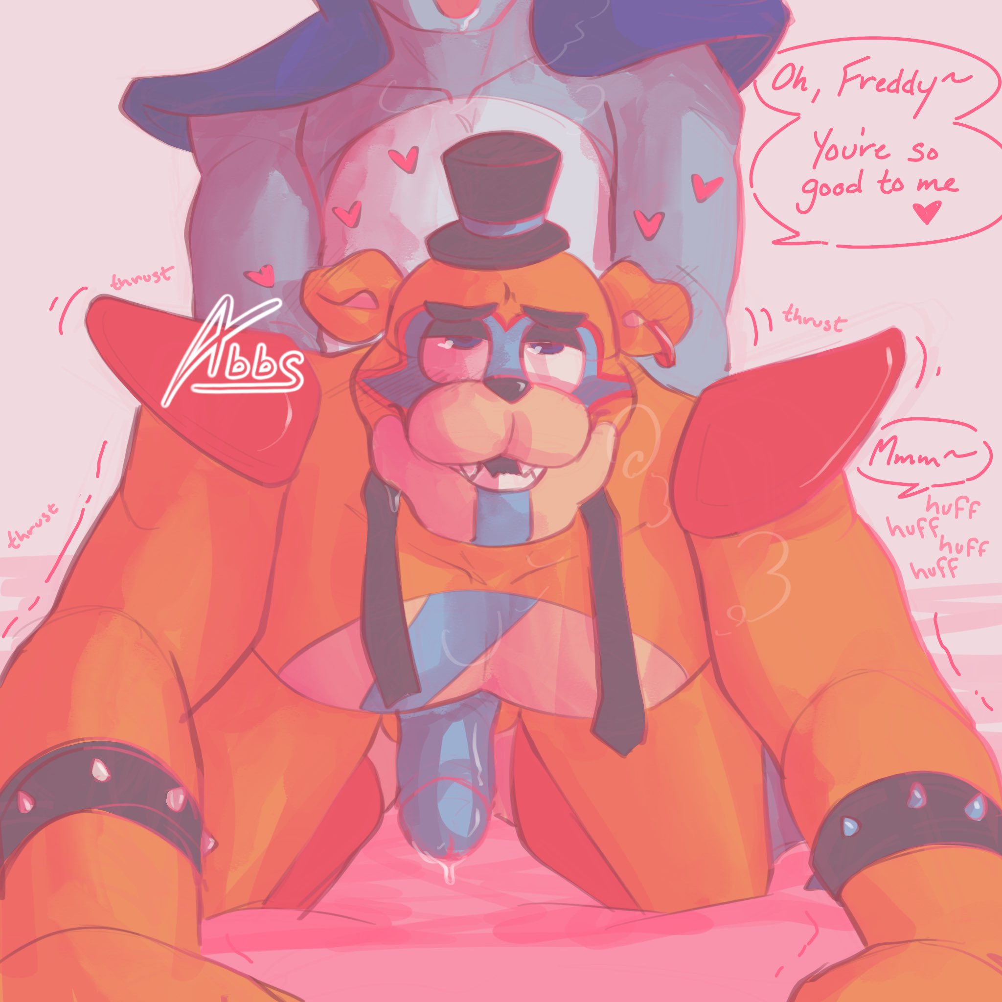2boys, abbs, ahe gao, anal, animatronic, anthro, anthro on anthro, anthro penetrating anthro, bear, blue body, blue eyes, blue fur, blue penis, blush, bowtie, bracelet, bracelets, dialogue, digital media (artwork), doggy style, ear piercing, english text, erection, eyes rolling back, faceless male, fangs, five nights at freddy's, five nights at freddy's: security breach, freddyxbonnie, gay, gay sex, glamrock bonnie (fnaf), glamrock freddy (fnaf), heart, lagomorph, male, male/male, mammal, orange body, orange fur, penis, pleasure face, precum, rabbit, scottgames, shoulder pads, simple background, smile, steel wool studios, thrusting, top hat, two-tone body, video game character, video games, watermark, wholesome