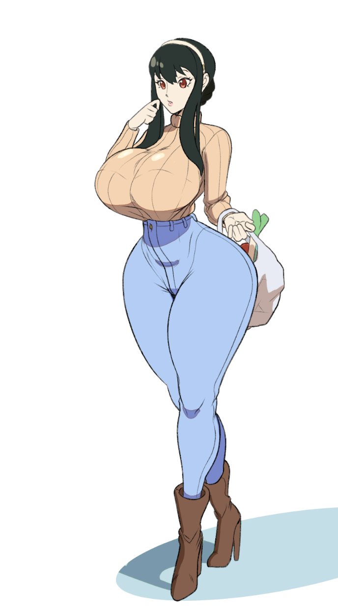 1girls, ass, big ass, big breasts, black hair, boots, breasts, female, high heel boots, huge ass, huge breasts, jeans, long hair, red eyes, spy x family, the varking, thick thighs, wide hips, yor briar, yor forger