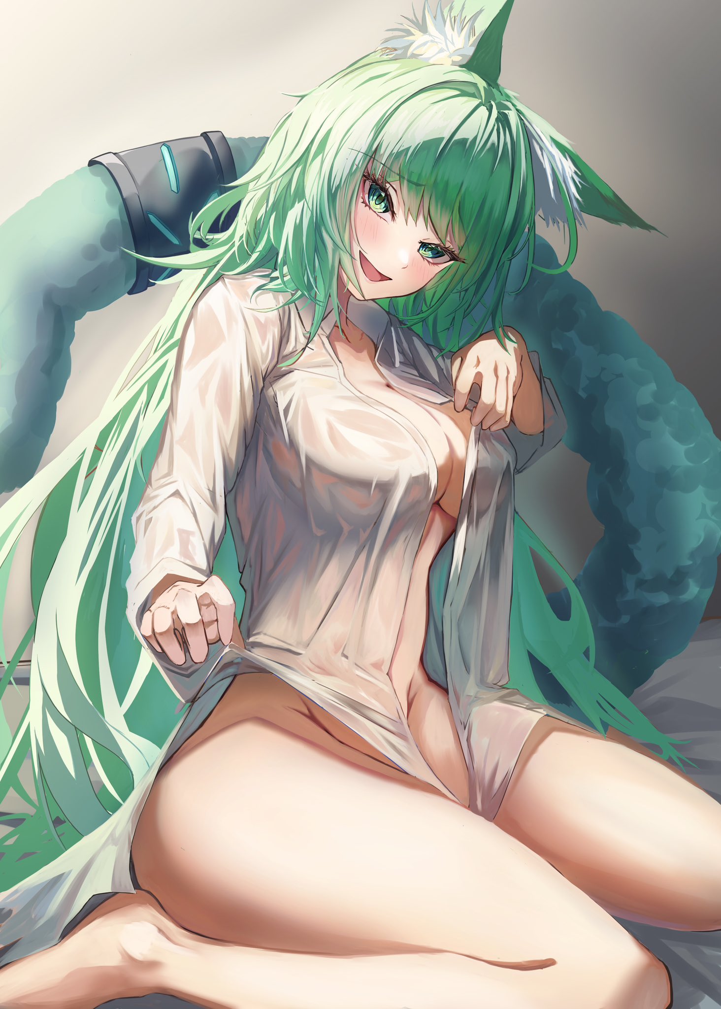 1girls, animal ears, animal tail, arknights, breasts, cat ears, cat girl, cat tail, catgirl, female, female focus, female only, green eyes, green hair, harmonie (arknights), kurosabi neko, large breasts, light skin, light-skinned female, long hair, looking at viewer, no bra, no panties, no underwear, smile, smiling, smiling at viewer, smug, smug face, tagme, thick tail, wet, wet clothes, wet shirt