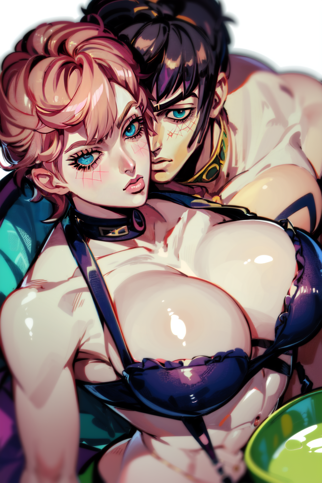 1girls ai_generated big_breasts black_hair blue_eyes breasts bruno_buccellati female green_eyes human jojo's_bizarre_adventure light-skinned_female light_skin pink_hair short_hair shounen_jump trish_una vento_aureo