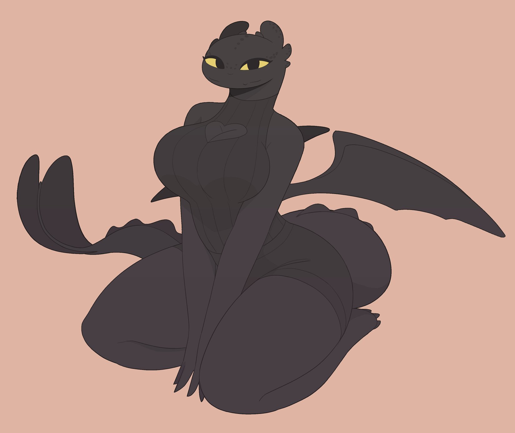 1girls, 2023, anthro, big breasts, black body, breasts, dragon, dragon tail, dragon wings, dreamworks, exqmaster, female, female only, female toothless, hi res, how to train your dragon, looking at viewer, night fury, nightfury, rule 63, smiling, smiling at viewer, solo, sweater, tail, thick thighs, toothless, wings, yellow eyes