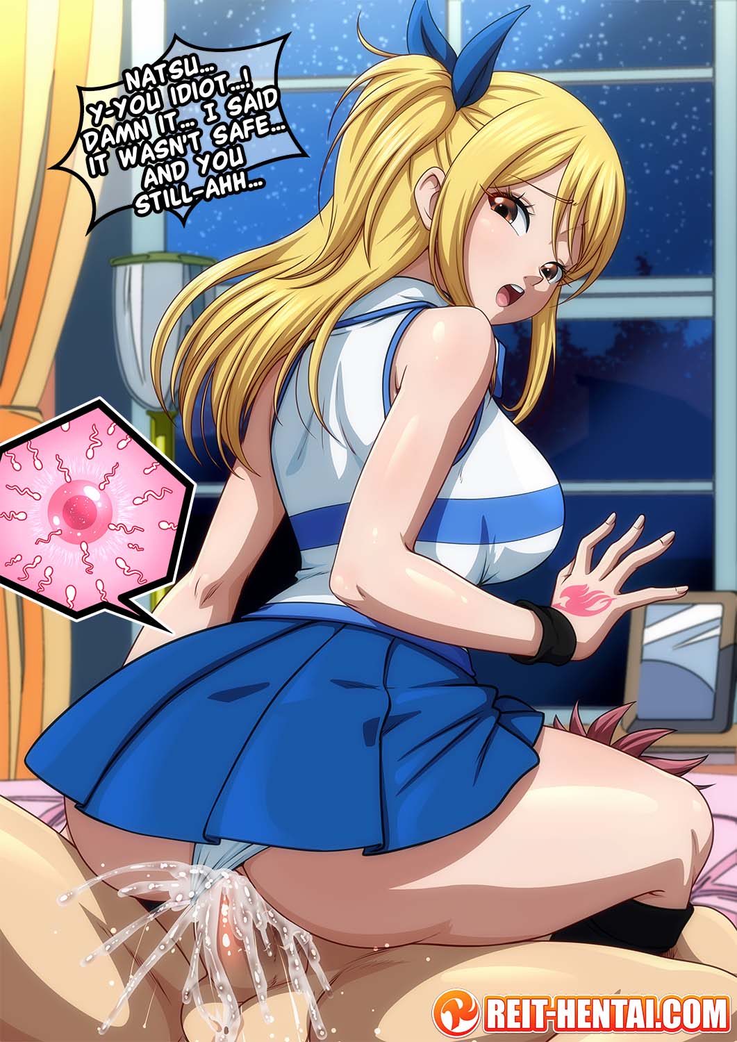 1boy, 1girls, 2d, balls, big balls, big penis, blonde hair, blonde-haired female, brown eyes, clothed female nude male, clothed sex, couple, cowgirl position, cum, cum in pussy, cum inside, ejaculation, english, english text, faceless male, fairy tail, fairy tail mark, female, hand tattoo, human, human female, human male, human only, impregnation, light skin, light-skinned female, light-skinned male, looking back, lucy heartfilia, male, natsu dragneel, nude, nude male, ovum, panties, panties aside, penetration, penis, pink hair, pink tattoo, pink-haired male, pussy, reit, self upload, sex, skirt, skirt up, sperm cell, sperm meets ovum, tagme, tattoo, unseen face, unseen male face, unwanted creampie, unwanted cum inside, unwanted cumshot, unwanted ejaculation, unwanted impregnation, vaginal, vaginal only, watermark, white panties
