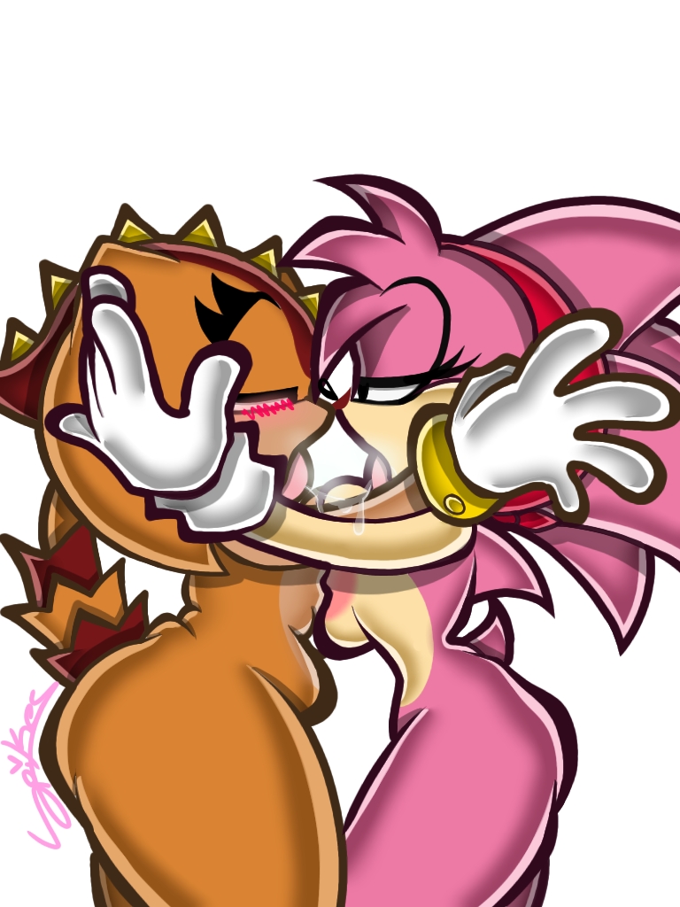 2girls, after kiss, amy rose, black eyes, blush, breast squish, breasts, chubby female, classic amy rose, classic sonic (universe), fat ass, female, grabbing face, kissing, naked female, orange fur, pink fur, saliva string, sega, sonic (series), trip the sungazer, two-tone fur, wabbix toons, yuri