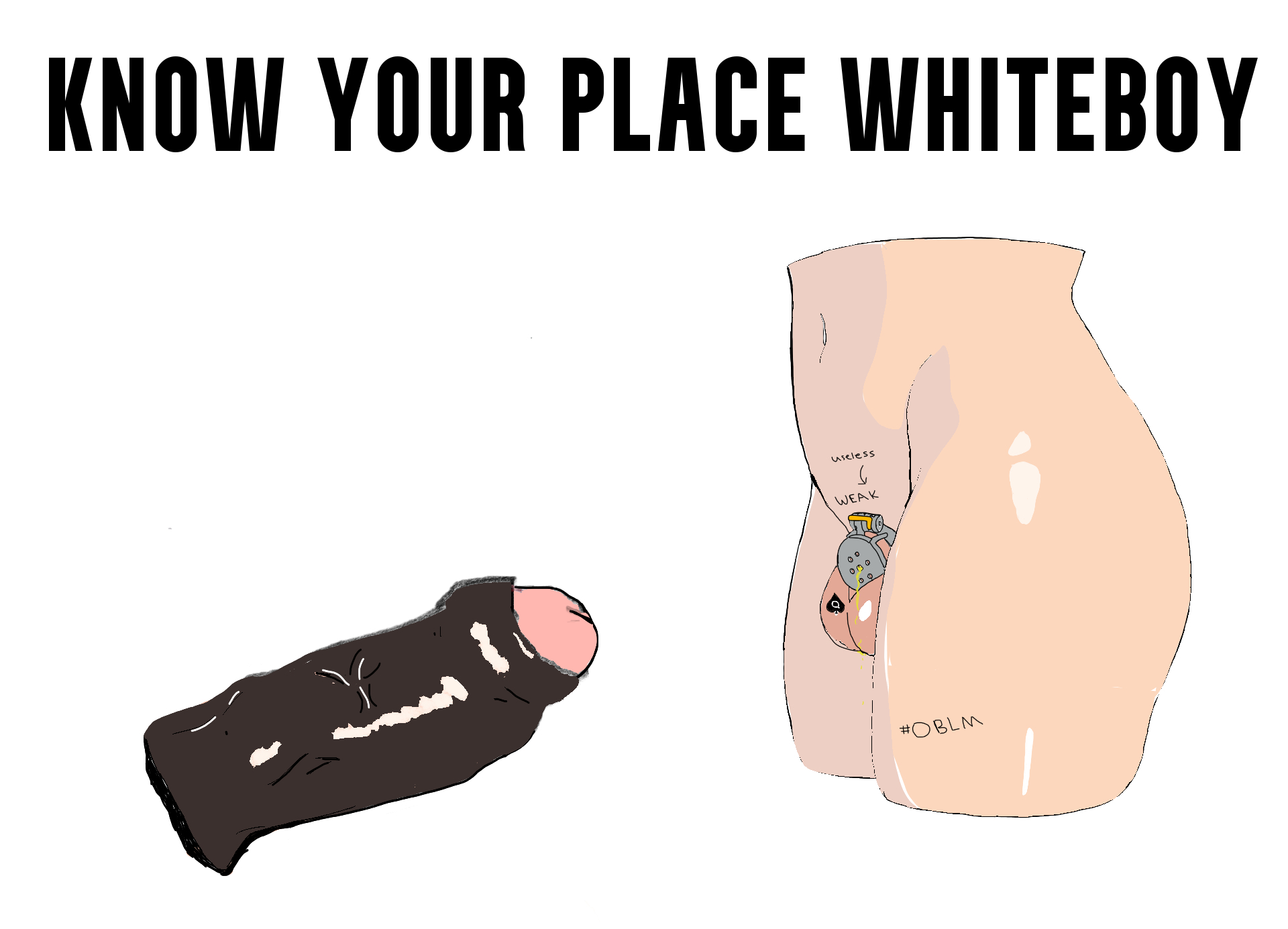 caption, chastity, chastity cage, chastity device, dark-skinned male, defeated, femboy, humiliated, humiliation, interracial, peeing, penis size difference, raceplay, scared, writing on body