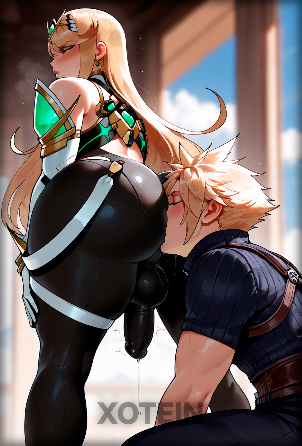 1boy, 1boy1futa, 1futa, 1futa1boy, ai generated, analingus, ass, ass focus, back view, big ass, big breasts, big butt, blonde hair, blonde-haired female, blonde-haired male, blush, breasts, bulge through clothing, clothed, clothed sex, cloud strife, eating ass, eating pussy, erect penis, erection, female, femdom, final fantasy, final fantasy vii, final fantasy vii remake, fully clothed, futa on male, futanari, intersex, kissing penis, leggings, licking ass, licking pussy, long hair, long-haired futa, male, male sub, mythra, mythra (xenoblade), nintendo, patreon, penis, penis bulge, pussy, rimjob, rimming, rimming female, seductive, seductive eyes, seductive pose, seductive smile, short hair, short-haired male, side view, submissive, submissive male, thick thighs, thighhighs, thighs, xenoblade (series), xenoblade chronicles 2, xotein