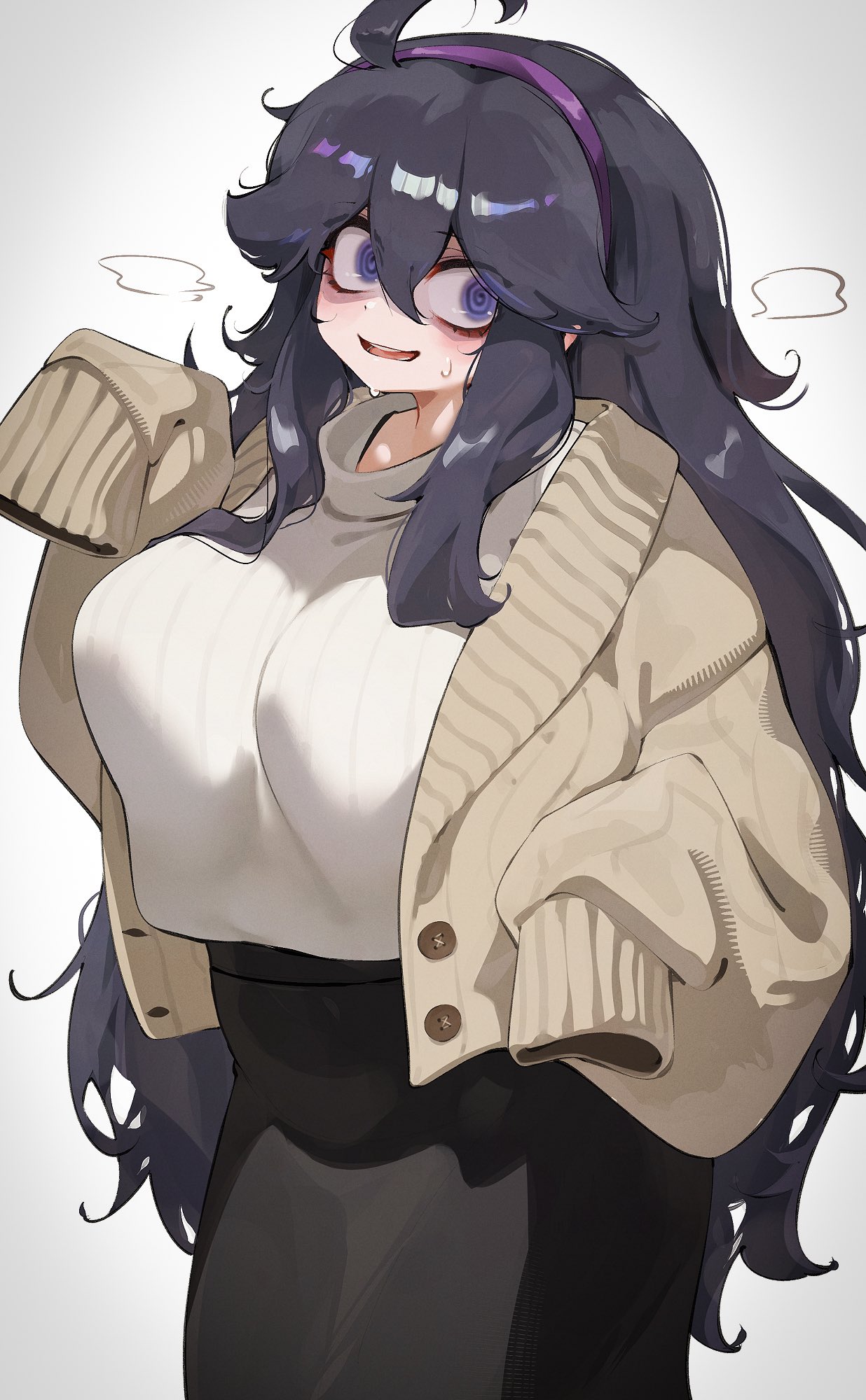 ahoge, black hair, black skirt, blush, breasts, brown jacket, commentary, crop top, crop top overhang, female, female only, hairband, hex maniac, hex maniac (pokemon xy), hex maniac (pokemon), highres, hizake, hizake mozu, jacket, kashu (hizake), large breasts, long hair, long skirt, long sleeves, looking at viewer, messy hair, nintendo, open mouth, pokemon, pokemon xy, purple eyes, purple hairband, shirt, skirt, smile, solo, untranslatable commentary, white shirt