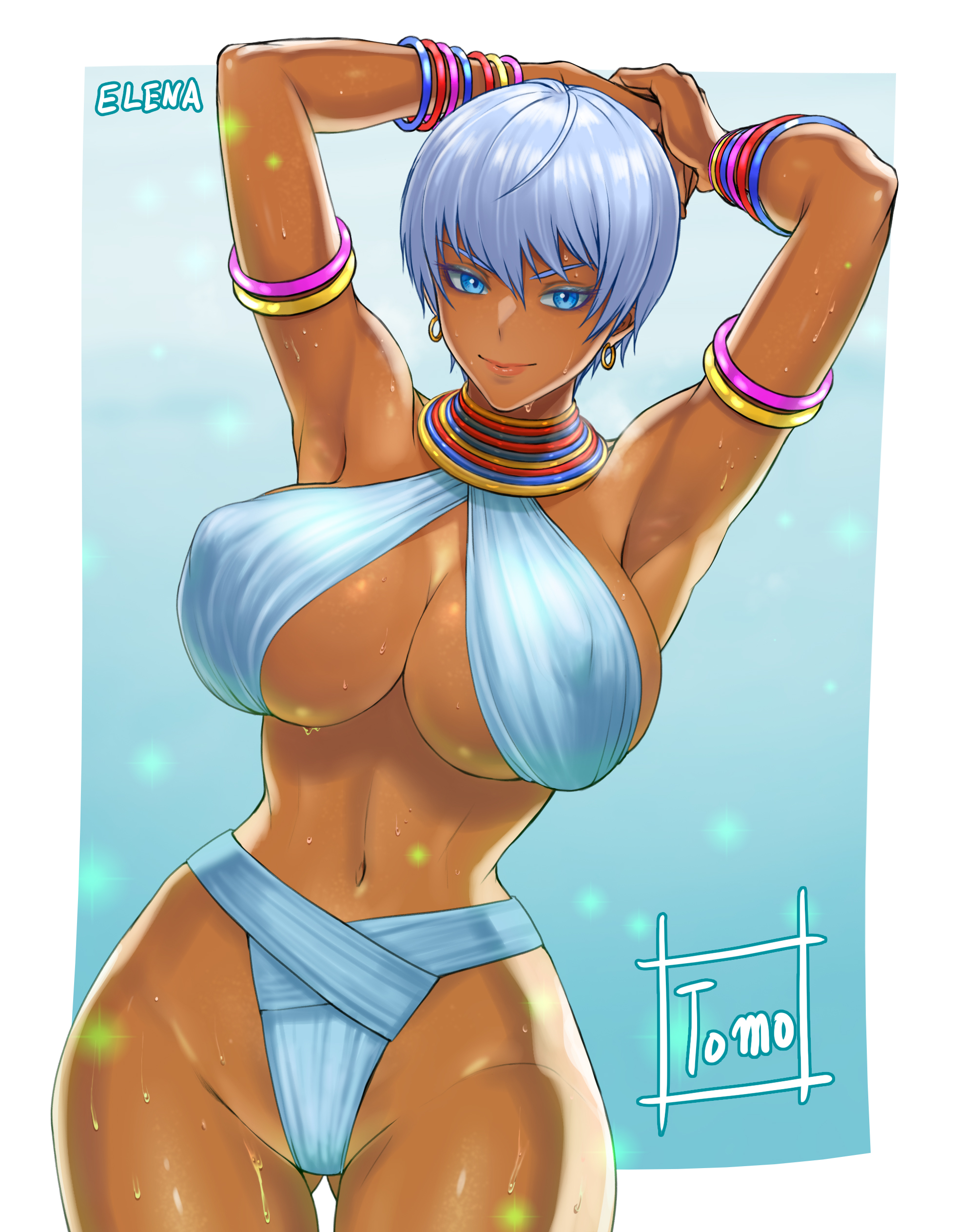 1girls, 2d, african, african female, alternate breast size, armpits, arms behind head, arms up, artist name, artist signature, athletic, athletic female, big breasts, blue eyes, breasts, bulging nipples, busty, cameltoe, capcom, character name, child bearing hips, cleavage, clothed, clothed female, colored, covered erect nipples, dark skin, dark-skinned female, earrings, elena (street fighter), female, female only, hands behind head, highres, large breasts, legs, loincloth, nipple bulge, pink lipstick, pussy, rendered, revealing clothes, seductive, seductive look, seductive smile, sensual, sexy, sexy armpits, sexy pose, shaved armpit, short hair, sideboob, slim waist, smile, solo, street fighter, street fighter 6, street fighter iii: 3rd strike, thighs, tomboy, tomo eokaiteru, toned, toned female, underboob, very short hair, voluptuous, white hair, wide hips