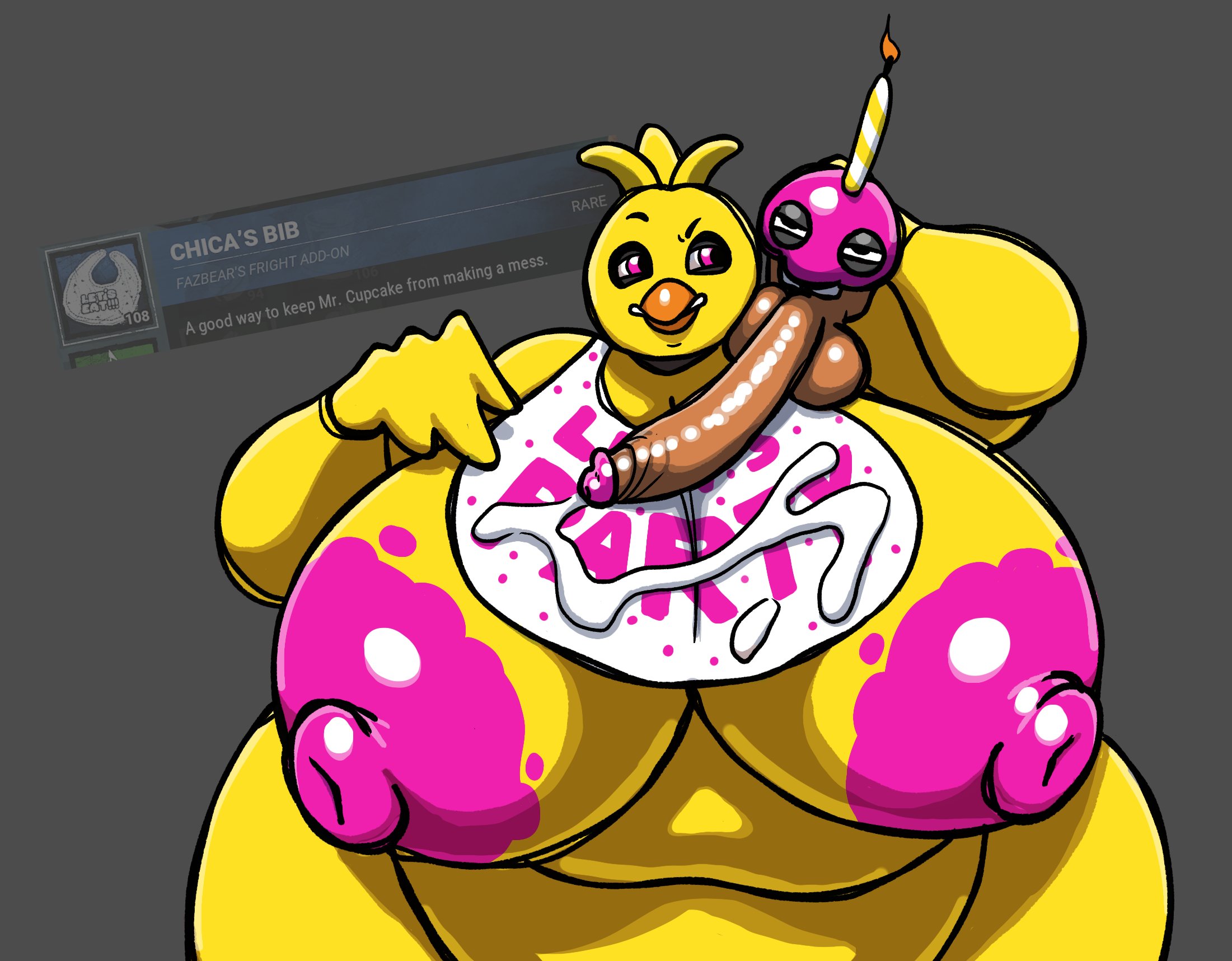 1girls, animatronic, animatronic female, anthro, areolae, avian, bbw, bib, breasts, breasts out, chica (fnaf), chicken, classic chica (fnaf), cum, cum on chest, cupcake (fnaf), erection, female, five nights at freddy's, galliform, gallus (genus), gameplay mechanics, genitals, hi res, highres, huge ass, huge breasts, huge cock, long penis, male, nipples, nsfwoaf, obese, obese anthro, obese female, overweight, overweight anthro, overweight female, penis, penis on breast, pink eyes, pink nipples, scottgames, small but hung, straight, upper body, wide hips