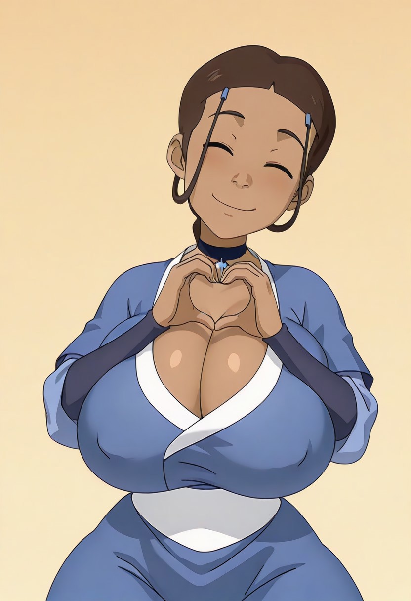 :), ai generated, avatar legends, avatar the last airbender, big breasts, braided ponytail, breasts, brown-skinned female, cleavage, clothed, clothes, dark skin, dark-skinned female, female, female focus, female only, hair loopies, happy, happy female, heart, heart hands, huge breasts, katara, large breasts, simple background, smile, smiling, solo, solo female, solo focus, tied hair, top heavy, tribal, tribal necklace, water tribe, wide hips