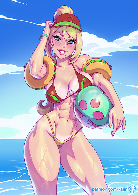 1girls, abs, big breasts, bikini, blonde hair, breasts, cleavage, female, female only, hair between eyes, kajinman, large breasts, looking at viewer, metroid, mole on breast, mole under mouth, nintendo, samus aran, smiling at viewer, solo