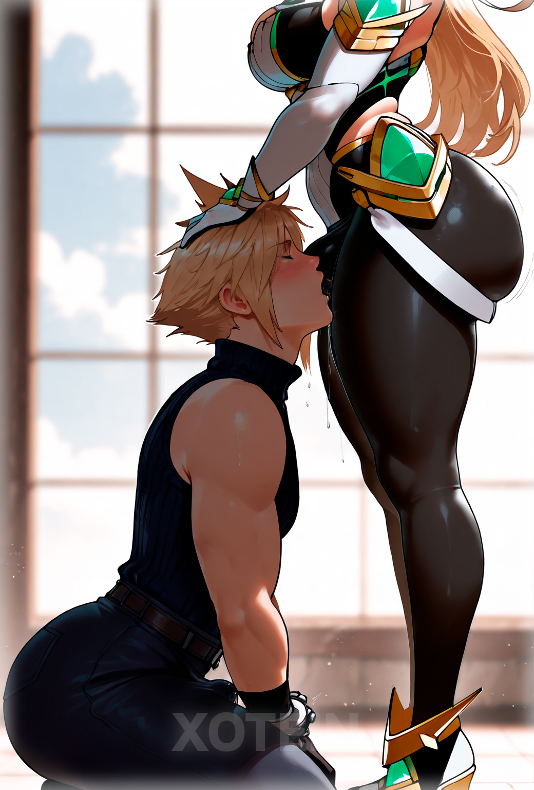 1boy, 1boy1futa, 1futa, 1futa1boy, ai generated, big ass, big breasts, big butt, blonde hair, blonde-haired female, blonde-haired male, blush, breasts, bulge through clothing, clothed, clothed sex, cloud strife, erect penis, erection, fellatio, female, femdom, final fantasy, final fantasy vii, final fantasy vii remake, fully clothed, futa on male, futanari, intersex, kissing penis, leggings, long hair, long-haired futa, male, male sub, mythra, mythra (xenoblade), nintendo, patreon, penis, penis bulge, seductive, seductive eyes, seductive pose, seductive smile, short hair, short-haired male, side view, submissive, submissive male, thick thighs, thighhighs, thighs, xenobla, xenoblade (series), xenoblade chronicles 2, xotein