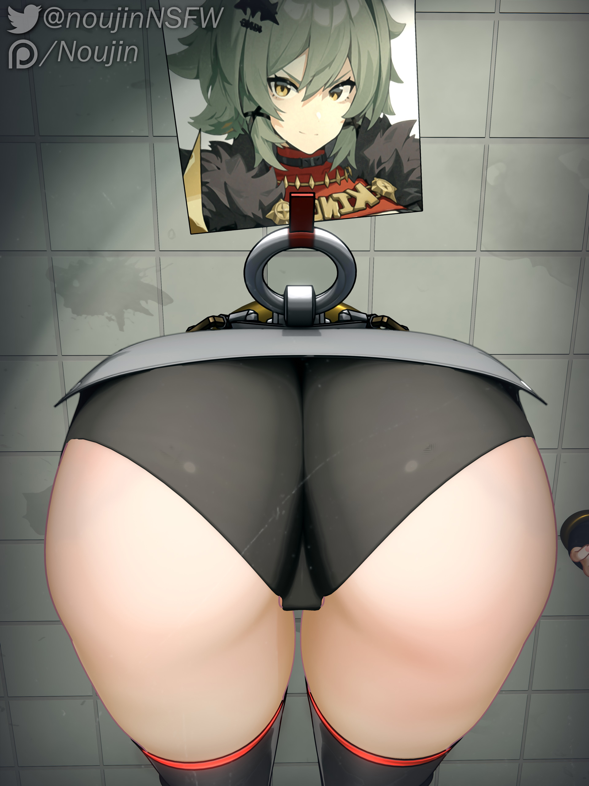 1girls, absurdres, ass, ass focus, caesar king, caesar king (zenless zone zero), cameltoe, female, female only, free use, from behind, glory hole, green eyes, green hair, hair ornament, hairclip, highres, huge ass, noujin, panties, photo (object), pussy, short hair, solo, thick thighs, thighhighs, thighs, through wall, underwear, wall, zenless zone zero