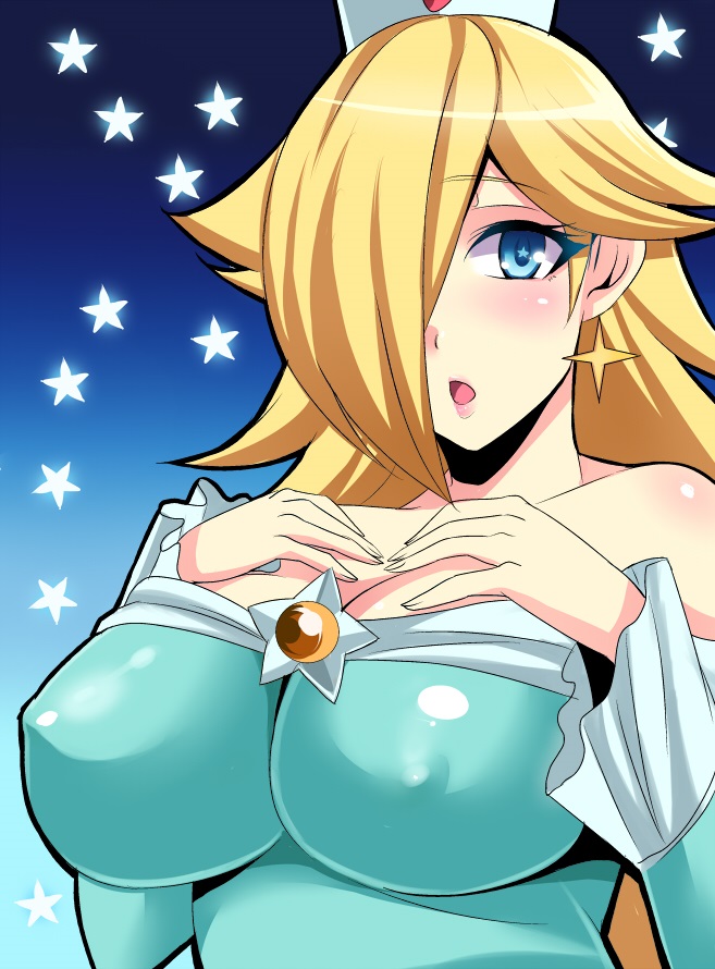 :o, 1girls, blonde hair, blue eyes, breast suppress, breasts, earrings, erect nipples, female, hair over one eye, jewelry, large breasts, long hair, looking at viewer, mario (series), nintendo, nipples, nishida megane, princess rosalina, solo, star, star-shaped pupils, super mario galaxy, symbol-shaped pupils, upper body