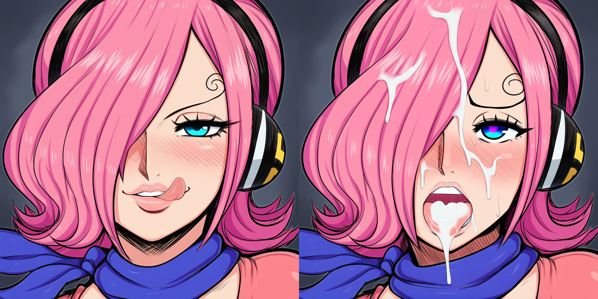 1girls, ai generated, before and after, blue eyes, blush, blush lines, blushing at viewer, cum, cum drip, cum in mouth, cum on face, cum on hair, eye contact, eyebrows, eyebrows visible through hair, eyelashes, eyeliner, eyeshadow, eyewear, female, female only, heart, heart eyes, heart symbol, heart-shaped pupils, horny, horny female, looking at partner, looking at viewer, looking pleasured, older female, older sister, one piece, pink hair, pink-haired female, tongue, tongue out, vinsmoke reiju