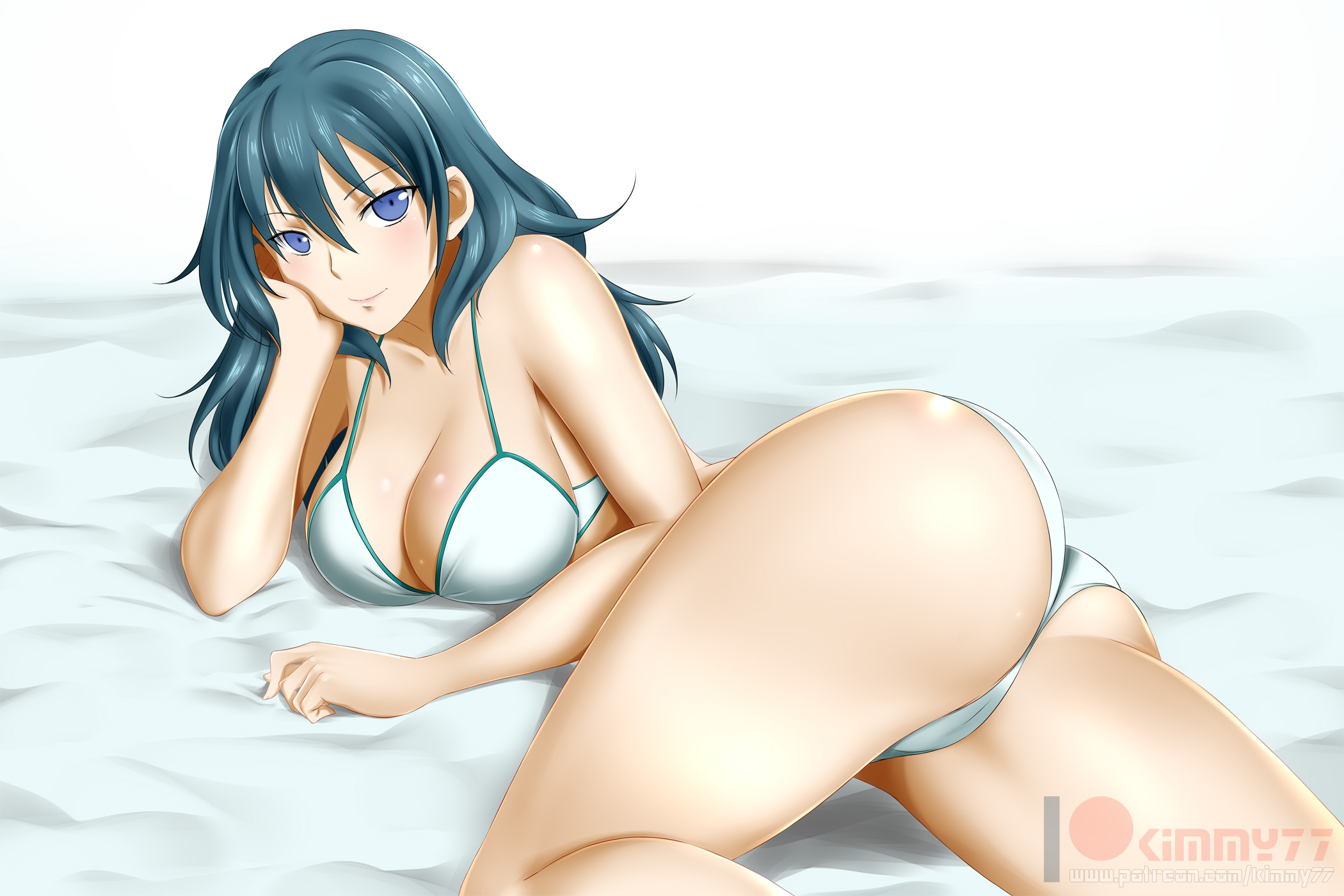1girls, ass, bikini, breasts, byleth (fire emblem), byleth (fire emblem) (female), cleavage, female, female only, fire emblem, fire emblem: three houses, kimmy77, large breasts, looking at viewer, looking back, solo