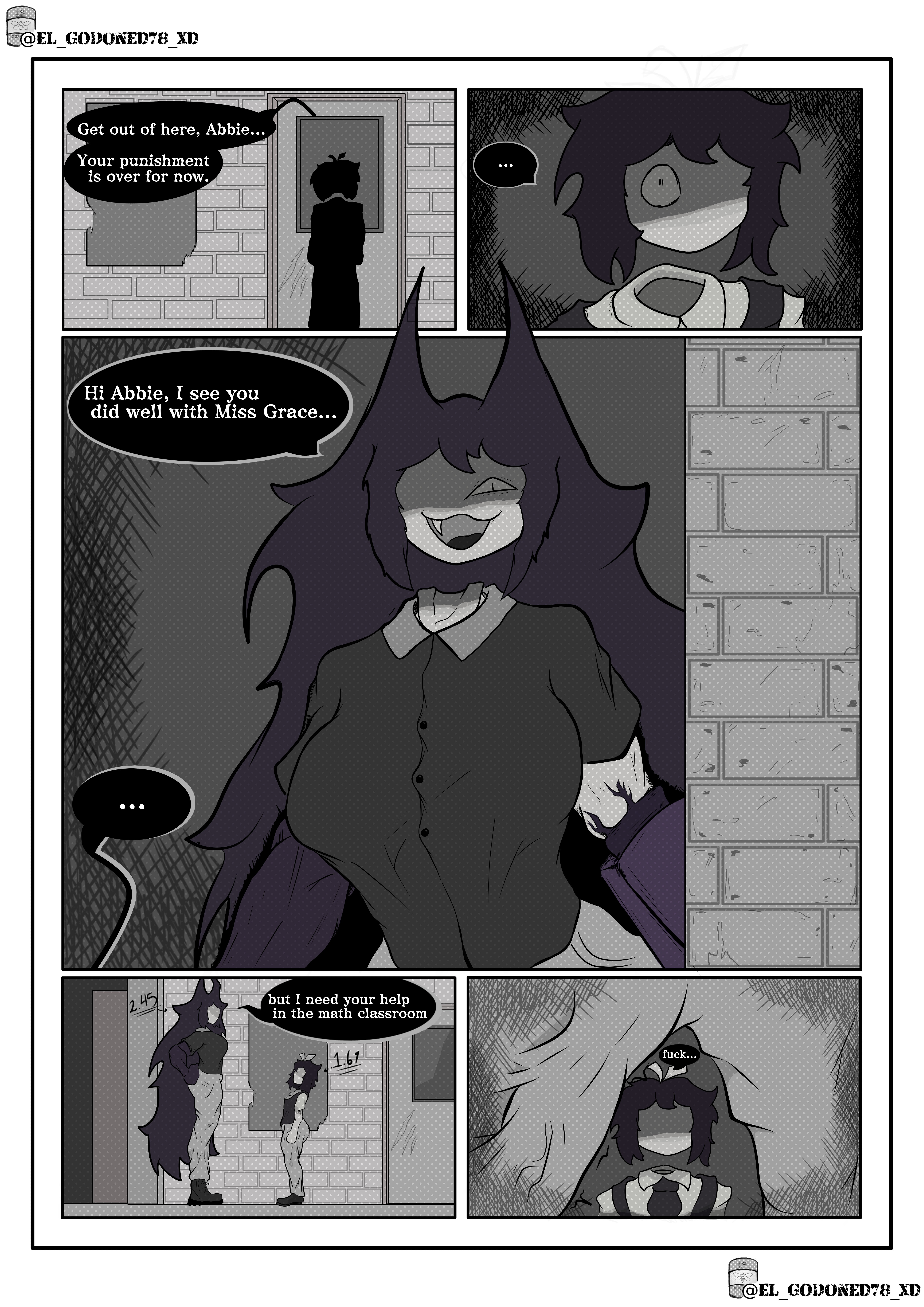 1boy, 1femboy, 1futa, abbie (fundamental paper education), big ass, big breasts, big penis, black hair, breasts, cock, comic, comic page, dialogue, dick, el godoned78 xd, fundamental paper education, futa on male, futanari, happy, intersex, male, miss circle (fundamental paper education), panels, penis, uniform, white body