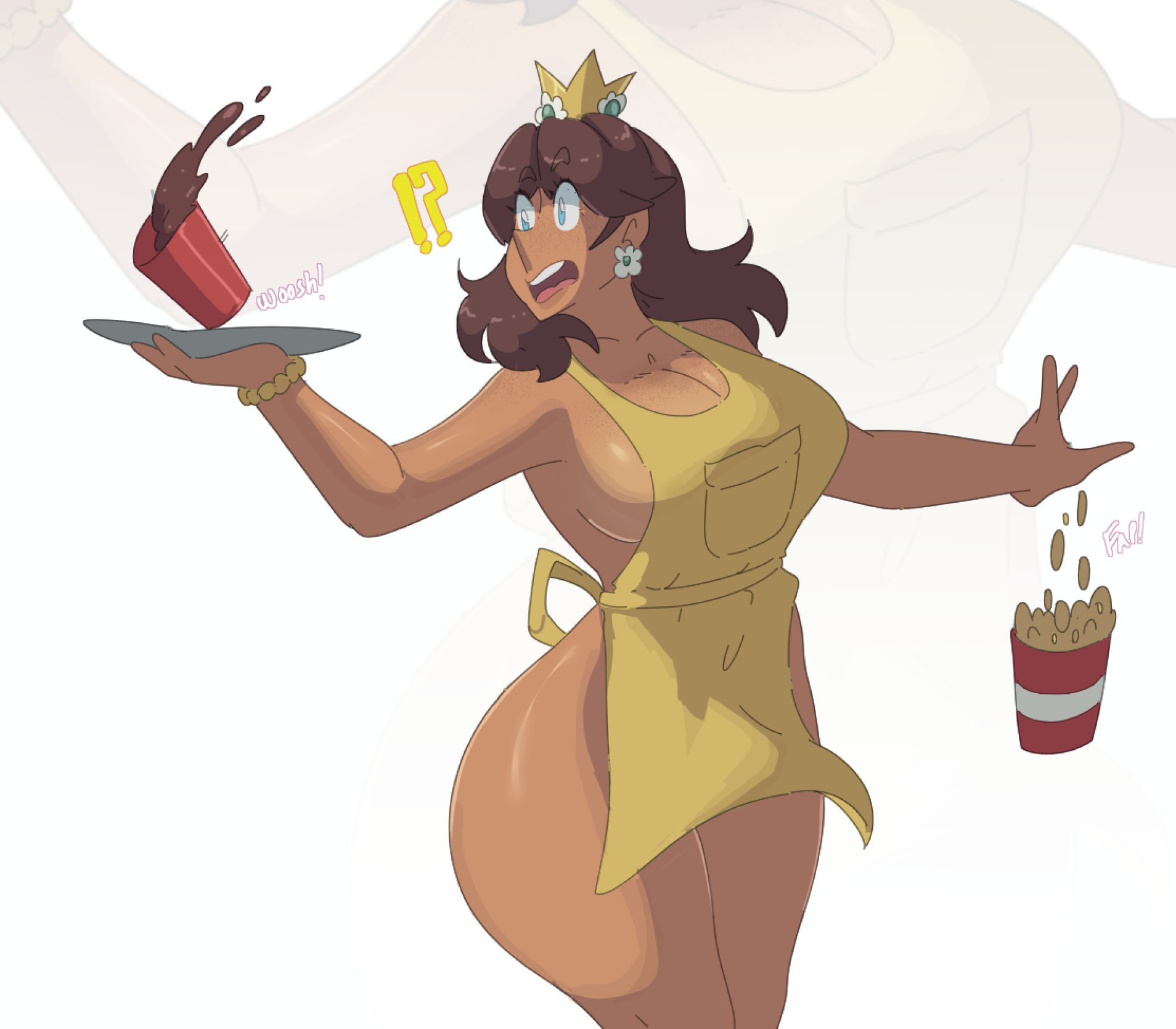 !?, 1girls, apron, apron only, blue eyes, breasts, brown hair, cleavage, crown, female, gold crown, large breasts, leedraw11, mario (series), nintendo, no bra, no bra under clothes, no panties, onomatopoeia, open mouth, princess daisy, serving tray, short hair, solo, solo female, solo focus, thick thighs, thighs