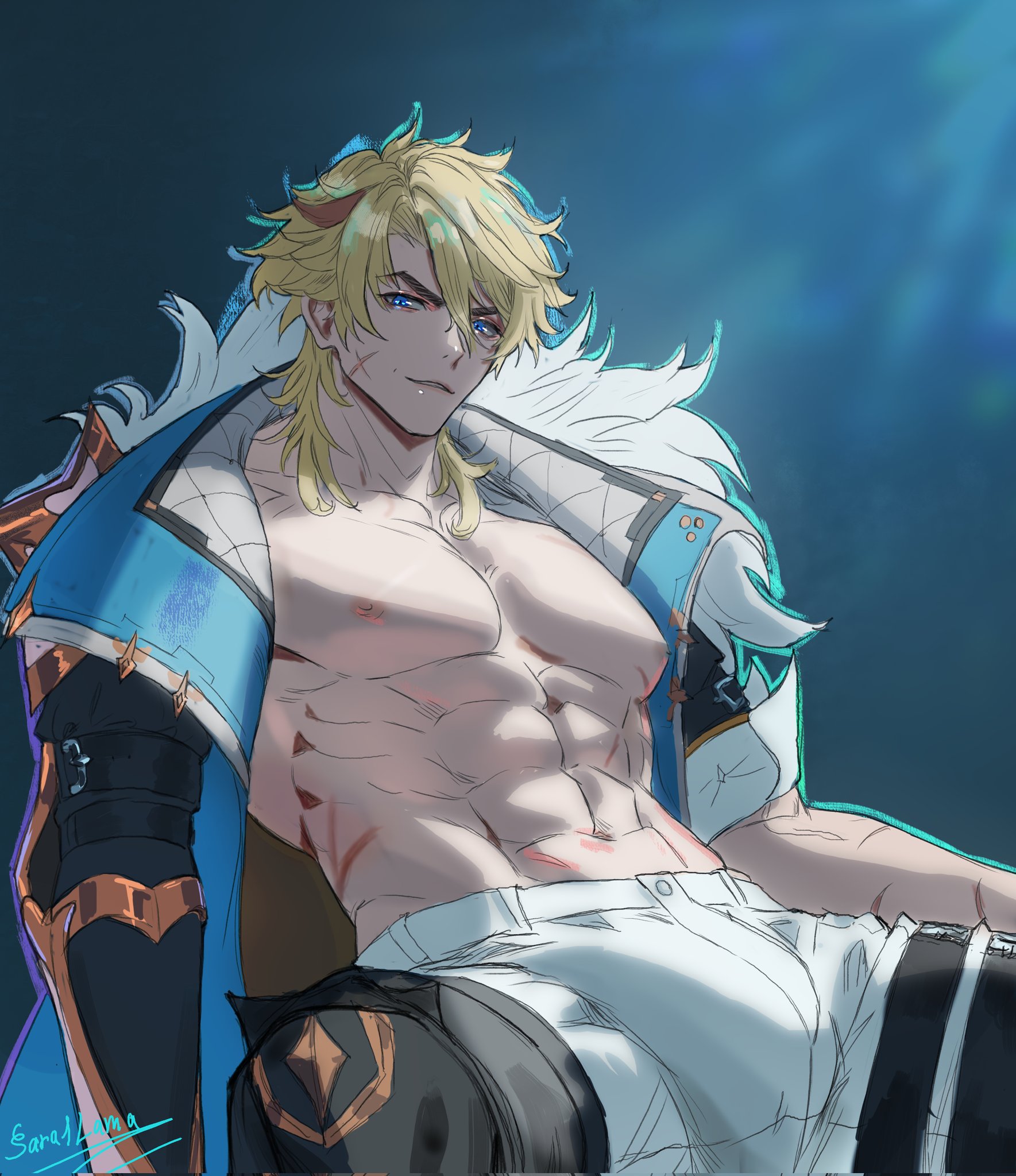 1boy, abs, blonde hair, blue eyes, boy, bulge, bulge through clothing, genshin impact, hoyoverse, looking at viewer, male, male only, muscles, muscular, muscular male, sara1lama, scars, shirtless, smirking, tagme, varka (genshin impact)