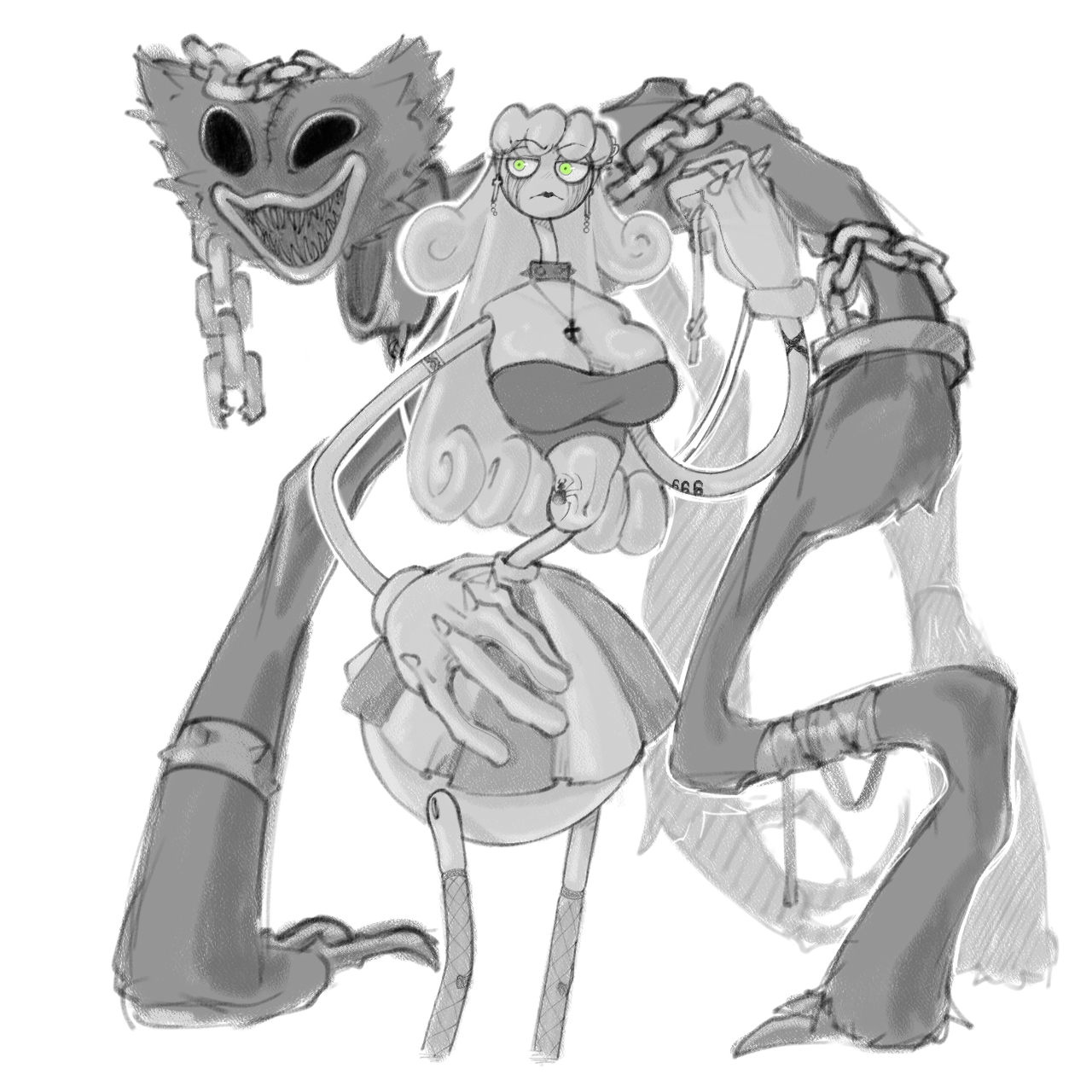 666, bad girl, big ass, big breasts, big butt, bigger male, braless, breasts, broken chain, chains, cleavage, cross, crucifix, disproportional, dominant female, evil version, female, frown, green eyes, guma, hand on hip, huggy wuggy, long hair, long tongue, male, mommy long legs, navel, no bra, no panties, pantyless, pointy teeth, poppy playtime, self upload, sharp teeth, skirt, smaller female, spider, spider girl, tall female, tattoo, tear streaks, tubetop