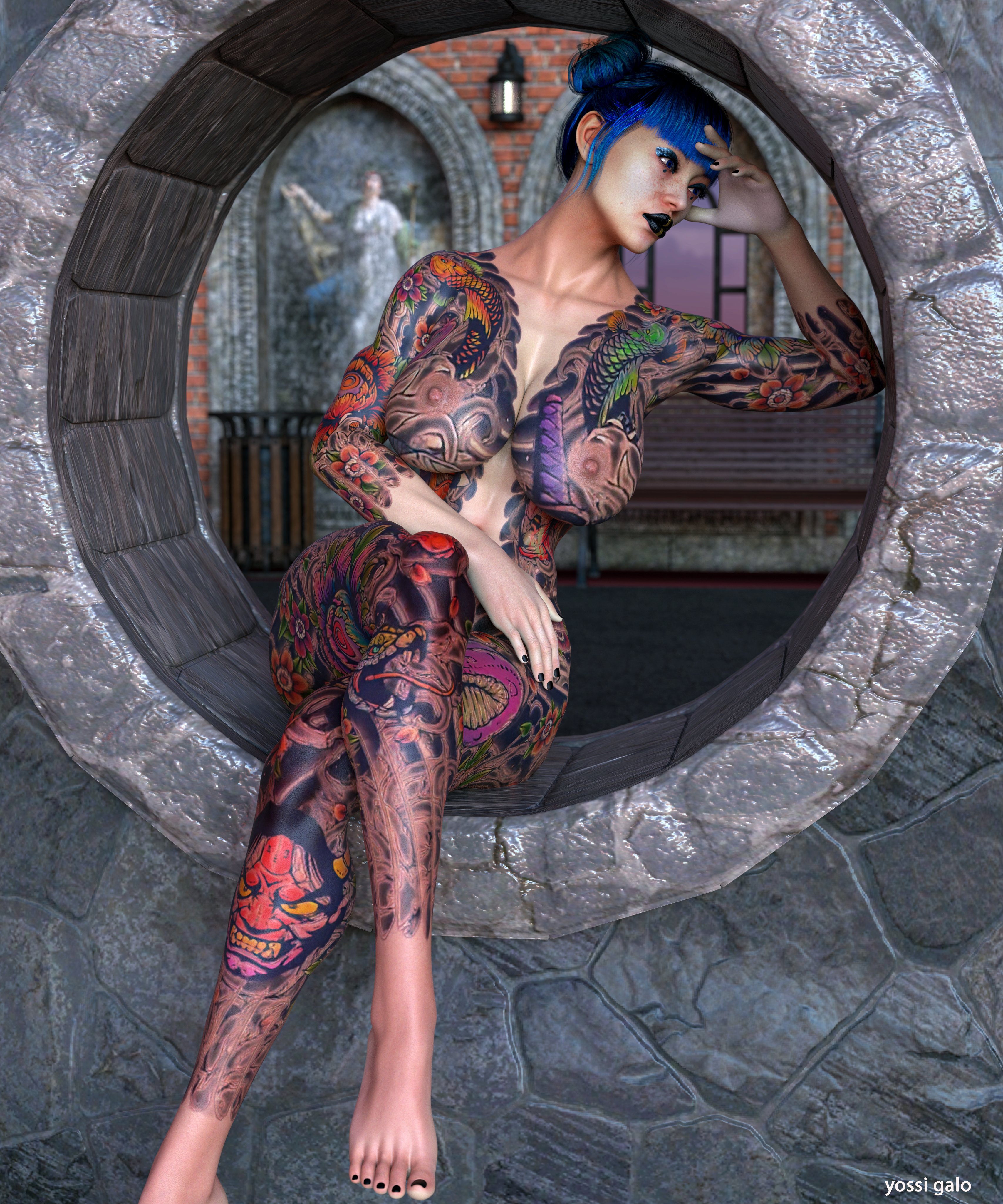 1girls, 3d, big breasts, blue hair, breasts, cd projekt red, cheri nowlin, cyberpunk 2077, female, female only, nipples, solo, tattoo, tattoos everywhere, yakuza tattoo, yosigalo