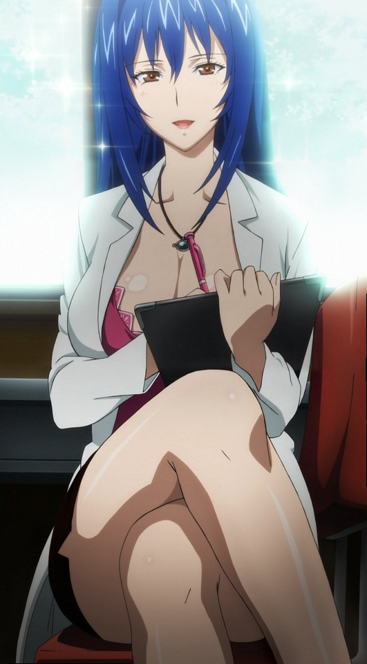 1girls blue_hair breasts brown_eyes cleavage clipboard coat hair_between_eyes holding holding_object huge_breasts jewelry legs legs_crossed long_hair looking_at_viewer maken-ki! mature_female miniskirt necklace nijou_aki nurse open_mouth pen pendant screencap screenshot sitting skirt sparkle stitched thighs