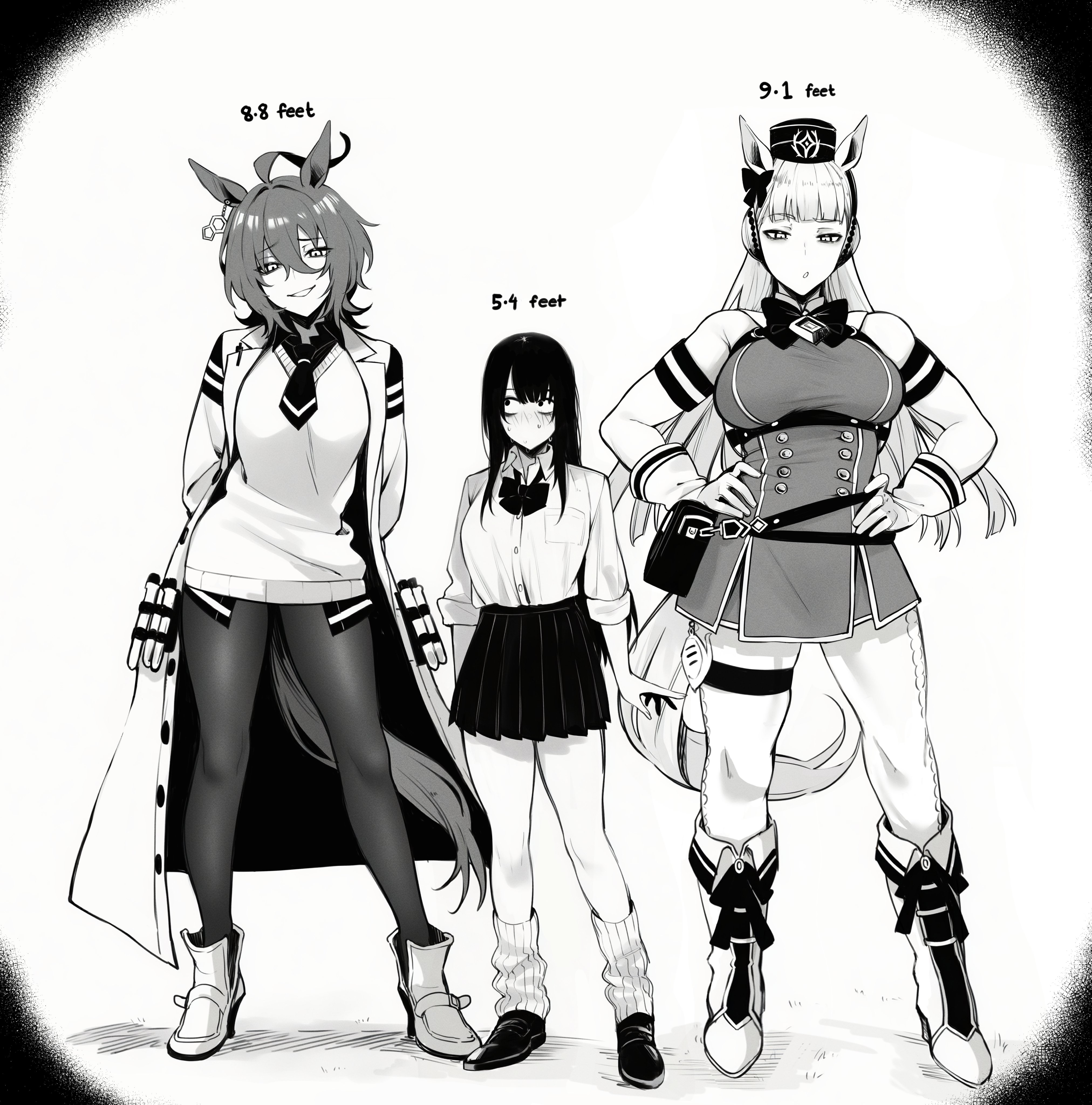 3girls, agnes tachyon (umamusume), ahoge, big breasts, blush, boots, breasts, clothed, dress, female, female human, female only, female trainer (umamusume), gold ship (umamusume), grin, gyaru, hands on hips, height, height difference, horse ears, horse girl, horse tail, huge ahoge, implied yuri, labcoat, large breasts, larger female, leg warmers, looking at another, masoq095, medium breasts, monochrome, multiple females, multiple girls, pantyhose, pleated skirt, size difference, skirt, smaller female, tail, tall female, trainer (umamusume), umamusume