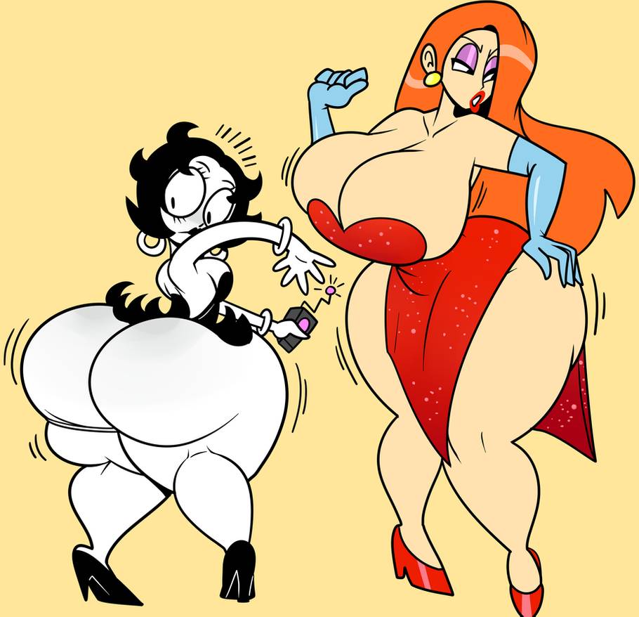 2girls ass ass_expansion betty_boop big_ass big_breasts breast_expansion breasts clothing disney duo fat_people_only female female_only flat_colors high_heels huge_ass huge_breasts jessica_rabbit large_ass looking_back soft_color superspoe surprised thick_thighs who_framed_roger_rabbit