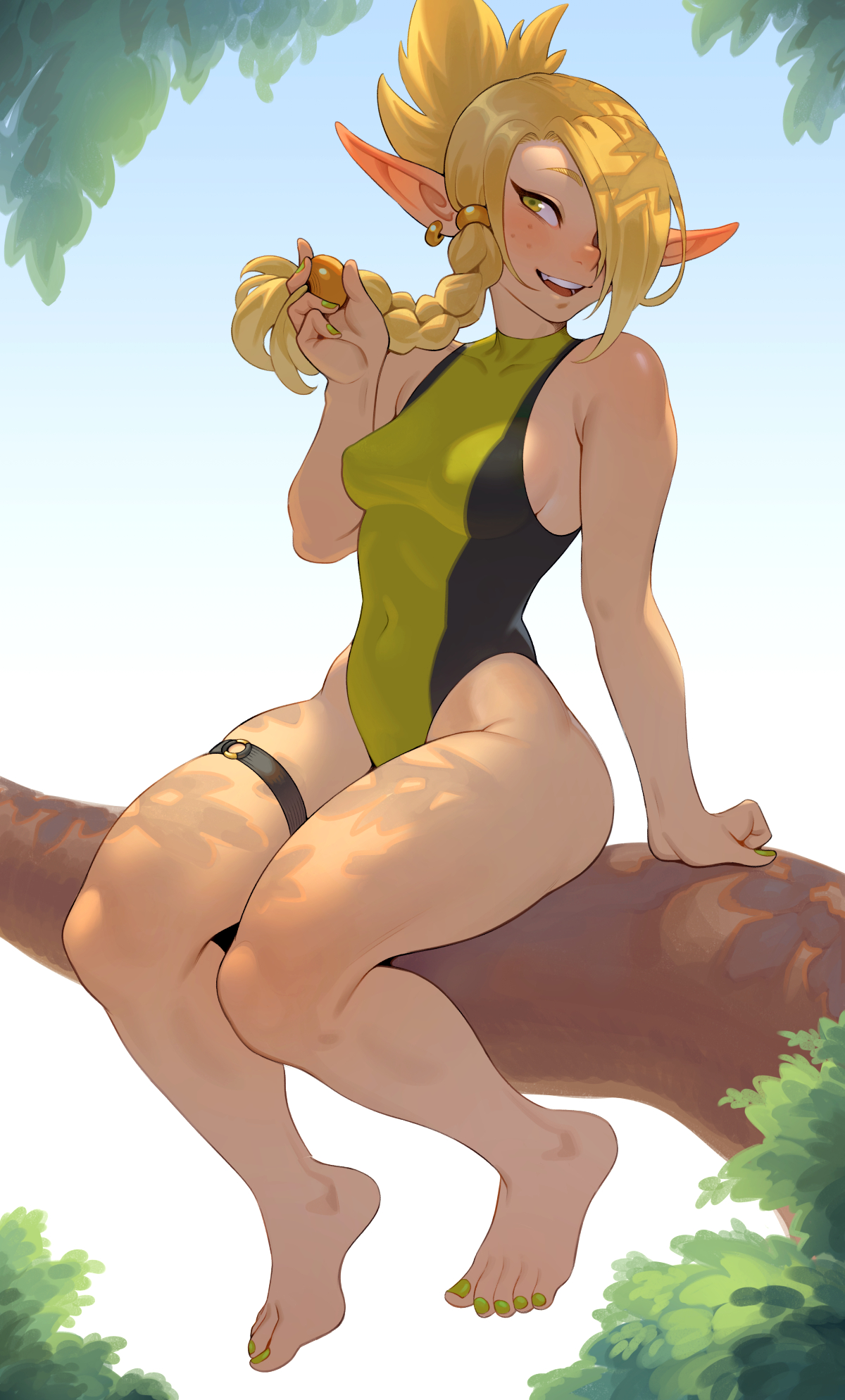 1girls, bangs over one eye, braided ponytail, cheshirrr, cleophee, cra, dofus, earrings, elf, elf ears, elf female, elf girl, feet, female, female focus, female only, green eyes, green nail polish, leotard, thick thighs, wakfu
