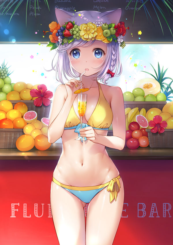 animal ears, ass visible through thighs, bikini, bikini bottom, bikini top, blue eyes, braided hair, breasts, character request, copyright request, detailed background, drink, female, female only, flower, flower in hair, fruit, kemonomimi, medium breasts, midriff, mignon, nekomimi, pink hair, side-tie bikini, thigh gap, wreath
