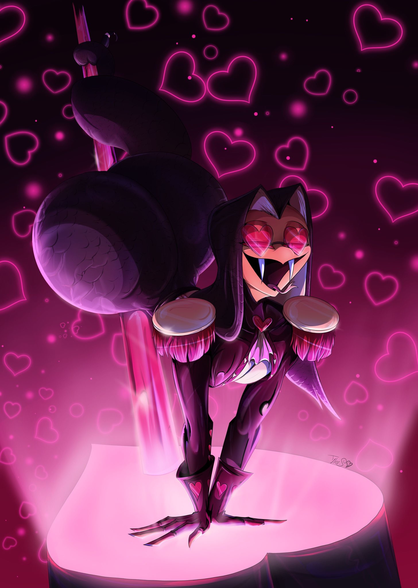 1boy, 2d, artist request, ass, ass focus, big ass, big butt, clothing, demon, eyewear, glasses, hazbin hotel, heart, heart symbol, hellaverse, male, male focus, male only, no genitals, no sex, nonhuman, pole, pole dancing, scalie, serpent, serpentine, sir pentious, sir pentious (hazbin hotel), snake, solo, solo male, stripper pole, throwing it back, vivziepop