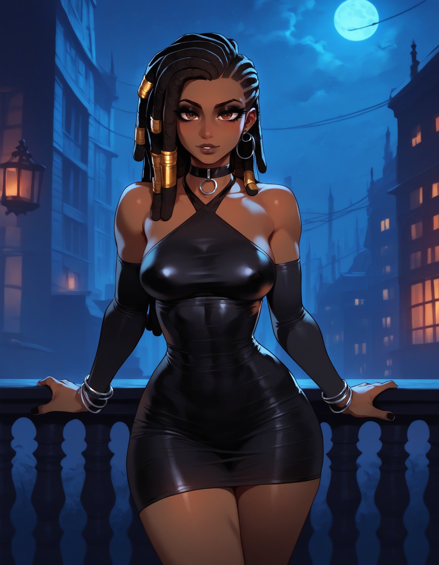 1girls, african female, ai generated, amara (xandr), black dress, black hair, brown eyes, curly hair, curvy, curvy figure, dark hair, dark-skinned female, dreadlocks, dress, eyelashes, eyeshadow, female, goth, goth girl, long hair, naughty face, sexy, smile, wavy hair, xandr