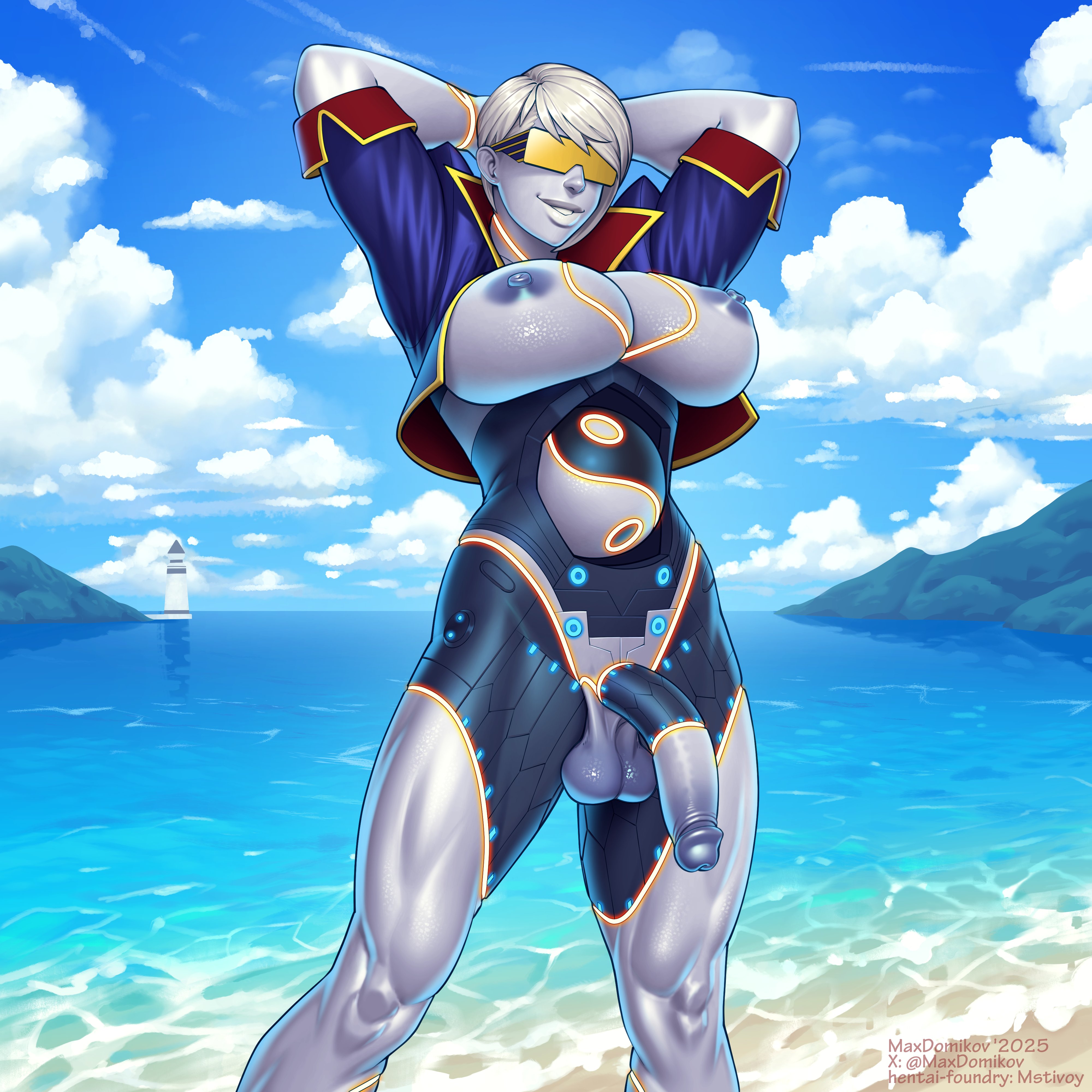 2025, 2d, alternate costume, alternate hairstyle, areolae, balls, beach, big breasts, big penis, bolero, bottomless, breasts, busty, capcom, flaccid, flaccid penis, futanari, hands behind head, hourglass figure, intersex, large breasts, max domikov, metallic body, mstivoy, nipples, official alternate costume, official alternate hairstyle, penis, pinup, pinup pose, pose, posing, robot, robot futa, robot humanoid, seth (doll unit 0), seth (street fighter), short hair, silver hair, sleeves rolled up, standing, street fighter, street fighter v, sunglasses, swimsuit seth, tagme, testicles, tinted eyewear, wide hips