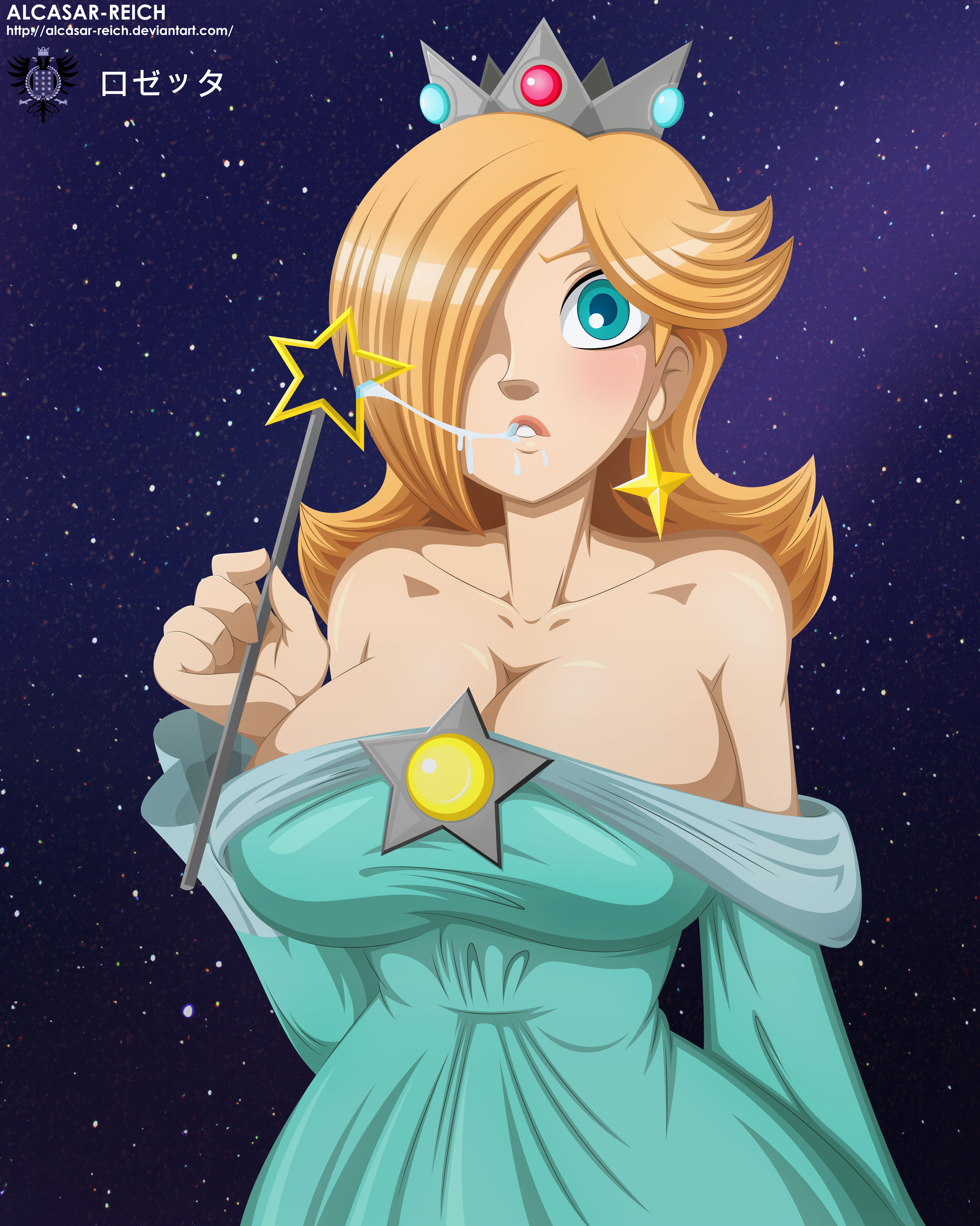 1girls, alcasar-reich, blonde hair, blue dress, blue eyes, breasts, cleavage, crown, dress, drooling, earrings, female, hair over one eye, jewelry, large breasts, long hair, looking at viewer, mario (series), nintendo, princess rosalina, solo, starry sky, super mario galaxy, wand