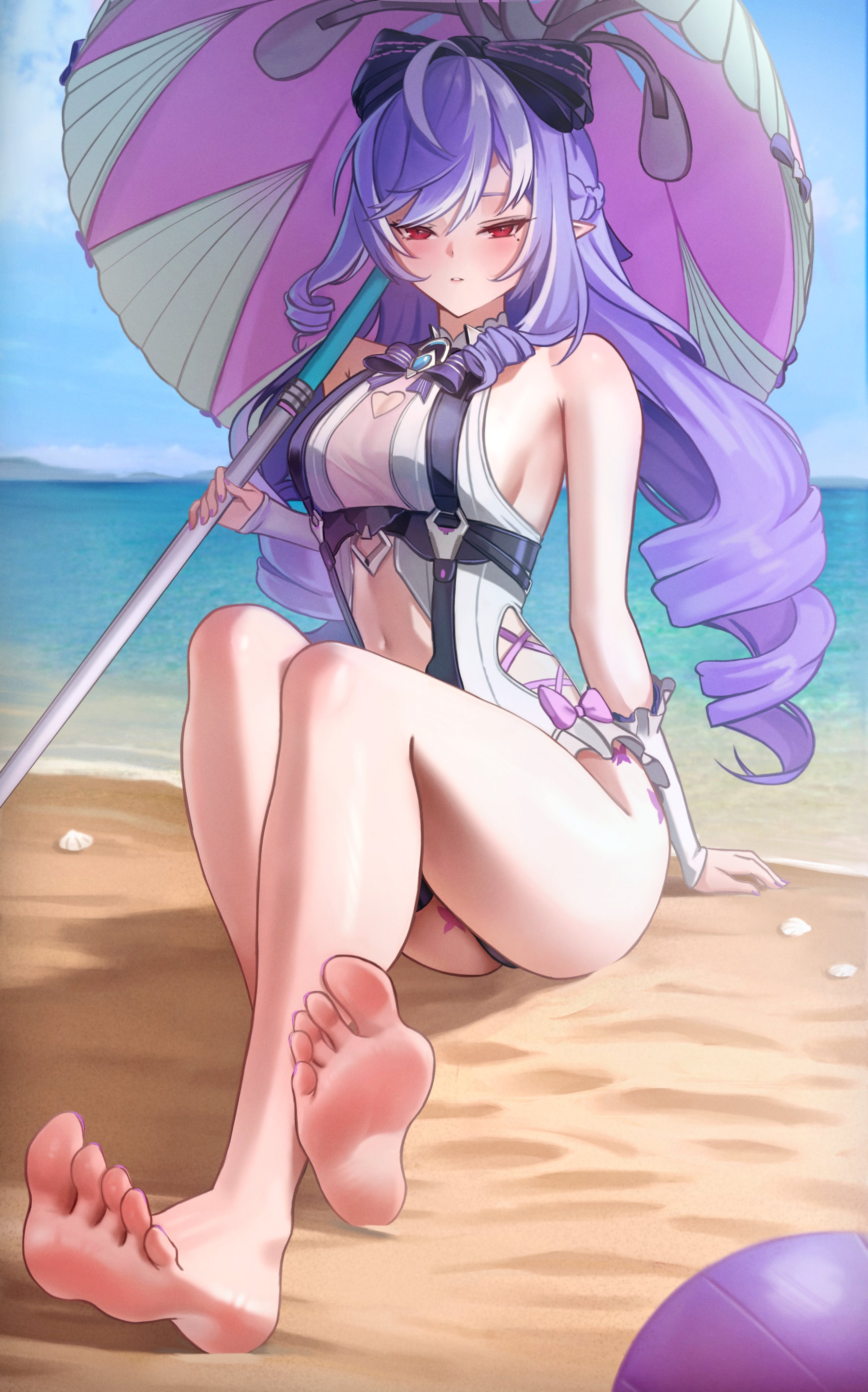 1girls, beach ball, breasts, exposed breasts, female, hoyoverse, legs, long hair, mihoyo, official alternate costume, puppnett, purple hair, red eyes, swimsuit, vivian banshee, vivian banshee (iris of the shore), white swimsuit, zenless zone zero