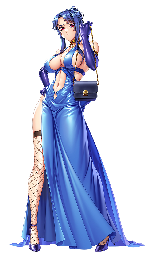 alternate costume, bare shoulders, blue gloves, blue hair, breasts, cleavage cutout, clothing cutout, clutch purse, collarbone, curvy, dress, elbow gloves, female, formal clothes, gloves, hand on own hip, handbag, high ponytail, hime cut, kagami hirotaka, large breasts, lilith-soft, long hair, navel, navel cutout, no bra, official alternate costume, ponytail, red eyes, shiny skin, short dress, simple background, skimpy dress, solo, taimanin (series), taimanin murasaki, taimanin rpgx, very long hair, wide-eyed, yatsu murasaki