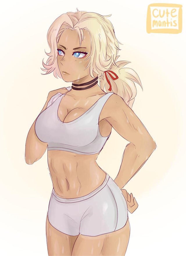 1girls, blonde hair, blue eyes, catherine (fire emblem), cute mantis, female, fire emblem, fire emblem: three houses, hair ribbon, nintendo, ponytail, red ribbon, shorts, solo female, sports bra, sweat, sweaty, tan, tan skin, tied hair, white clothing, workout