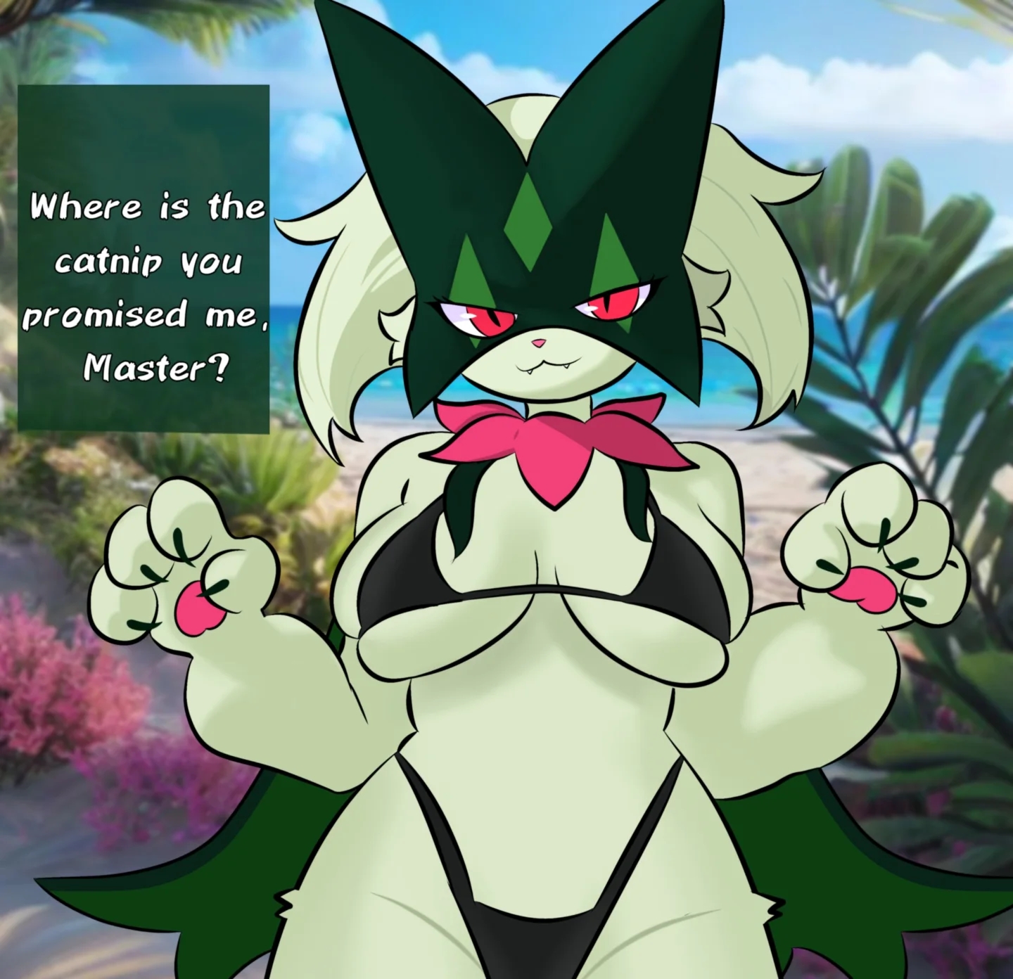 2025, anthro, anthrofied, beach, big breasts, bra, breasts, claws, clothed, clothing, dialogue, digital media (artwork), english text, evaacii, fangs, felid, feline, female, fur, generation 9 pokemon, green body, green fur, half-length portrait, hi res, looking at viewer, mammal, mask, master, meowscarada, nintendo, panties, pawpads, pokemon, pokemon (species), pokemorph, portrait, red eyes, solo, teeth, text, underwear, wearing mask