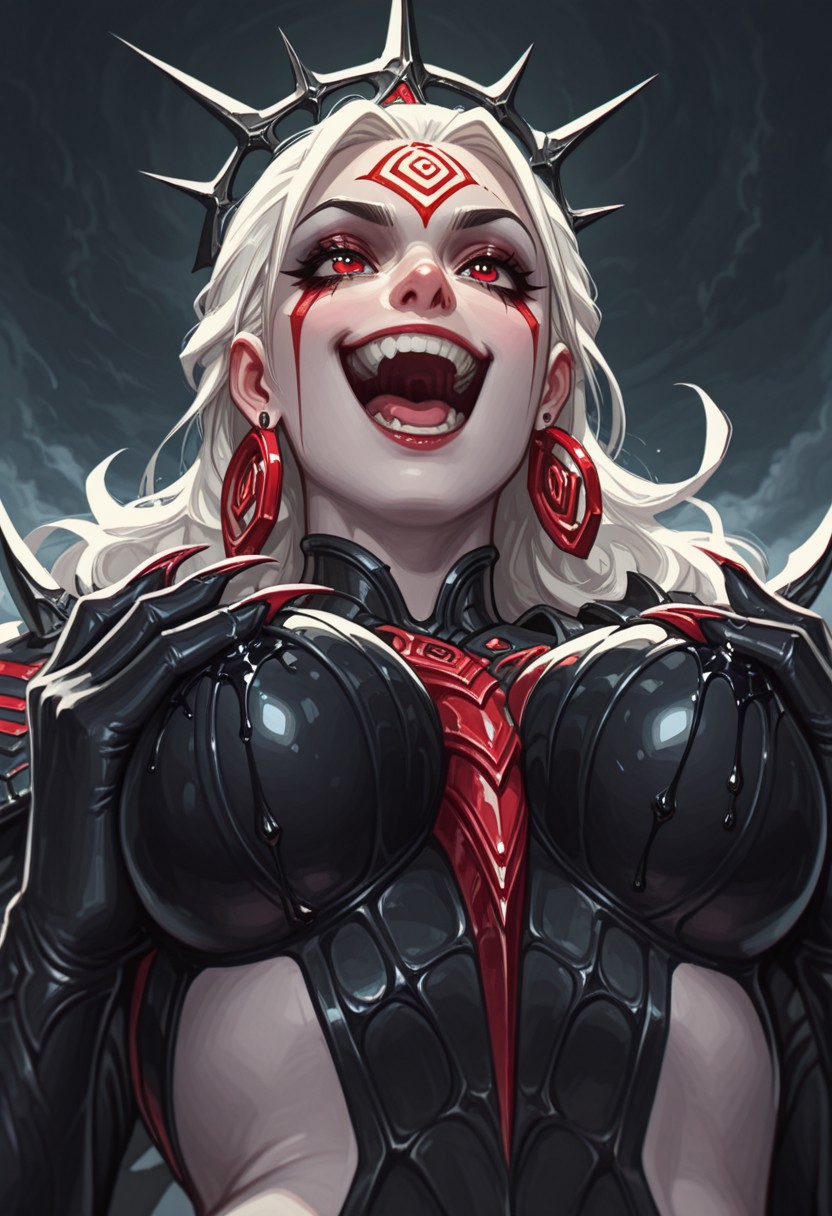 ai generated, big breasts, branding mark, breast grab, breast squeeze, breasts, close-up, evil smile, female, hela, hela (marvel rivals), hela (queen in black), holding breast, knull symbol, laughing, marvel, marvel comics, marvel rivals, red eyes, teeth, troythekid, upper body, white hair