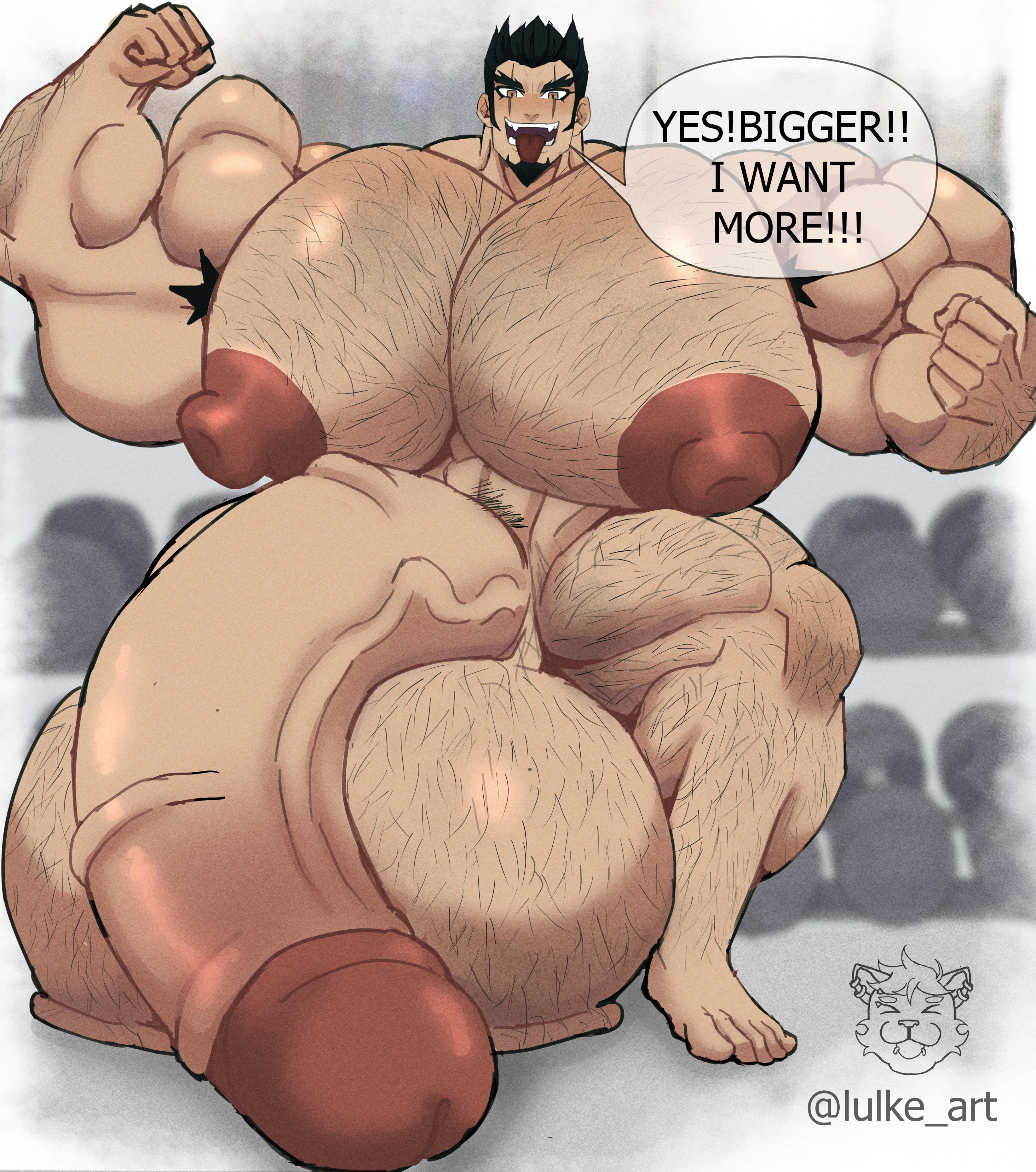 1boy, abs, armpit hair, balls, balls on floor, body hair, cock, danganronpa, danganronpa 2: goodbye despair, dialogue, english text, flexing, genital growth, grabbing cock, growth sequence, gym, hairy, huge arms, huge biceps, huge muscles, huge nipples, huge pecs, hyper, hyper areola, hyper balls, hyper cock, hyper muscles, hyper pecs, hyper thighs, lulke, male, male only, muscle growth, muscles, nekomaru nidai, nidai nekomaru, nipples, nipples peek, penis, penis growth, veins, veins on dick, veiny penis