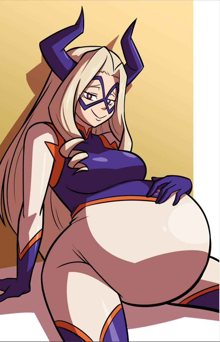axel-rosered, belly, big belly, big breasts, bodysuit, breasts, female, fetish, hero, horns, large belly, long hair, looking at viewer, mask, mount lady, my hero academia, pregnant, ready to pop, rubbing, sitting, smile, superheroine, yuu takeyama
