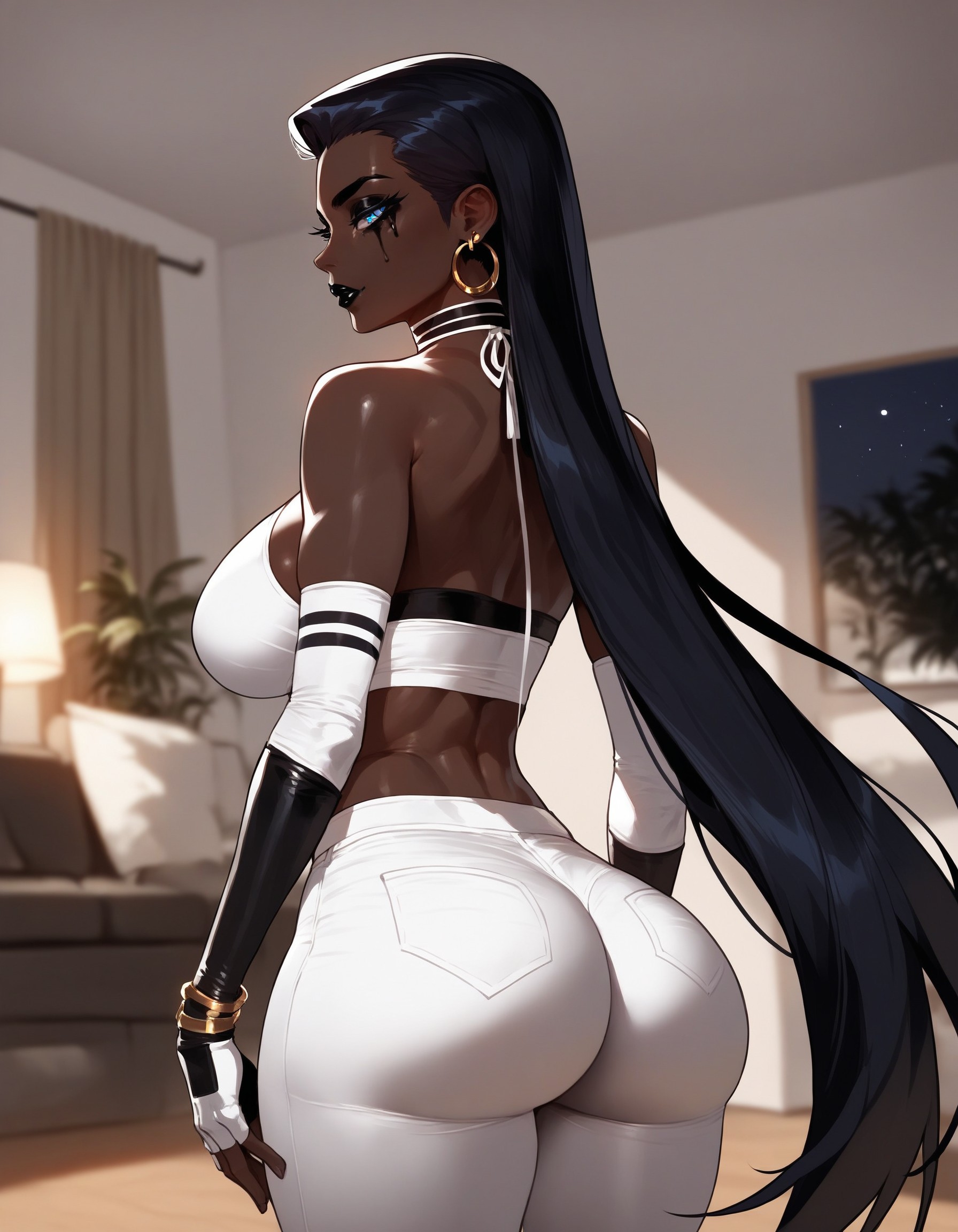 1girls, ai generated, bare shoulders, big breasts, bitch, black hair, black lips, black lipstick, black mascara, blue eyes, breasts, choker, curvy, curvy figure, dark-skinned female, dominant, dominant female, earrings, eyelashes, eyeshadow, female, fit, fit female, goth, goth girl, gothic, jamila (xandr), large breasts, long hair, makeup, mature female, milf, pants, queen, sexy, straight hair, taller female, tatoos, tattoo, thick ass, thick thighs, thight clothing, turtleneck, very dark-skinned female, very long hair, xandr