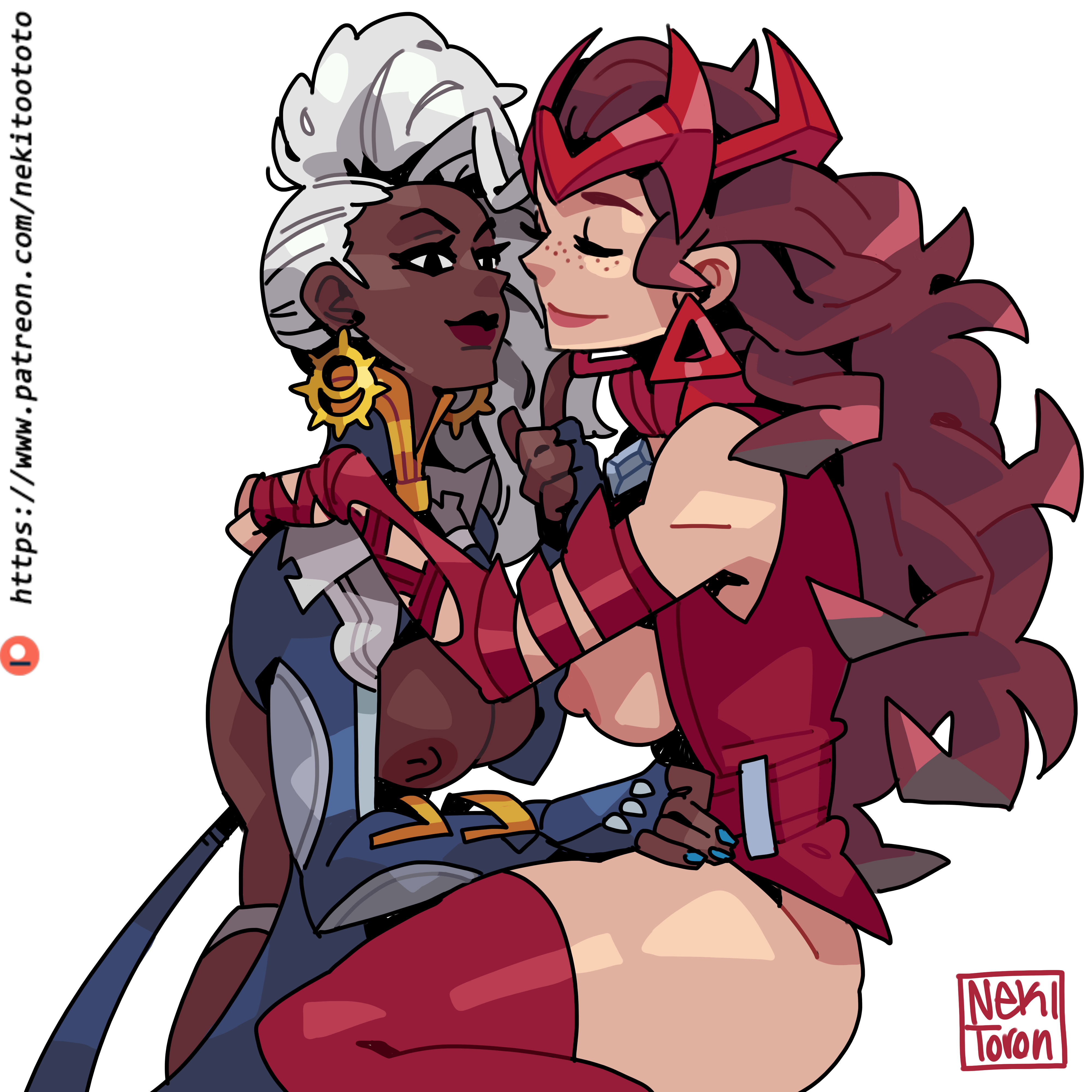 2girls, boobs out, breasts, breasts out, chocolate and vanilla, closed eyes, cute, dark skin, dark-skinned female, earrings, female, female only, finger on chin, holding waist, in love, interracial, lesbian couple, lesbian focus, light skin, light-skinned female, long hair, looking at partner, marvel, marvel comics, marvel rivals, mutant (marvel), nekitoototo, ororo munroe, peaceful, scarlet witch, scarlet witch (marvel rivals), sigh, smiling, storm (marvel rivals), storm (x-men), superhero costume, superheroine, sweet, thighhighs, thighs, wanda maximoff, white hair, x-men, yuri